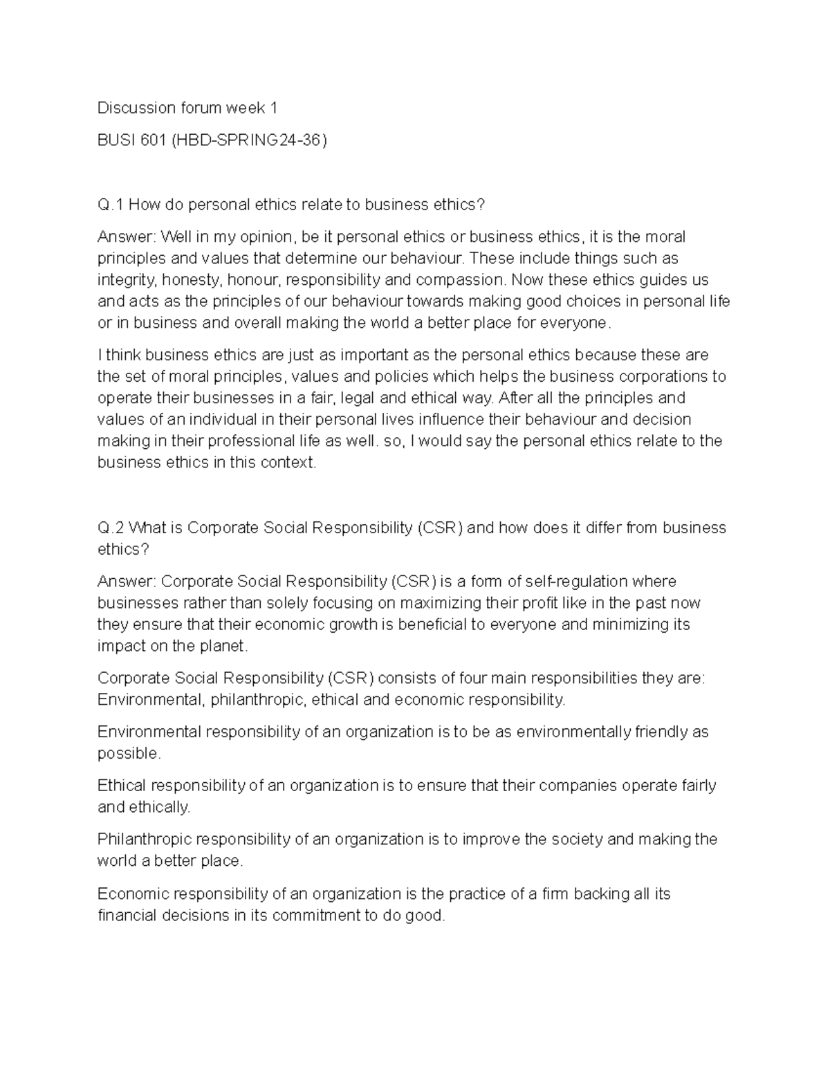 Discussion week 1 - DIS WEEK 1 - Discussion forum week 1 BUSI 601 (HBD ...