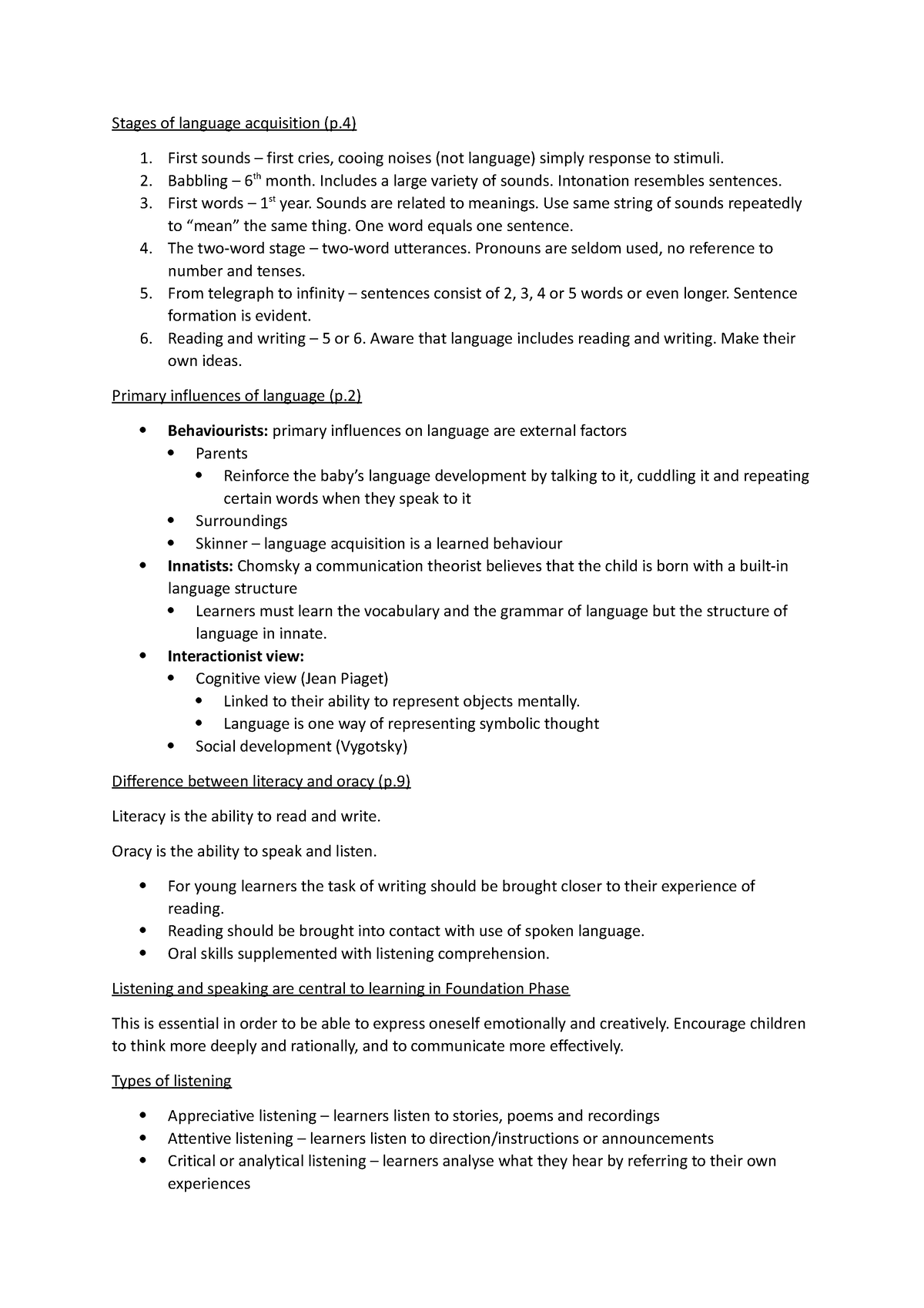 PCF 4016 First langauge - Stages of language acquisition (p) First ...