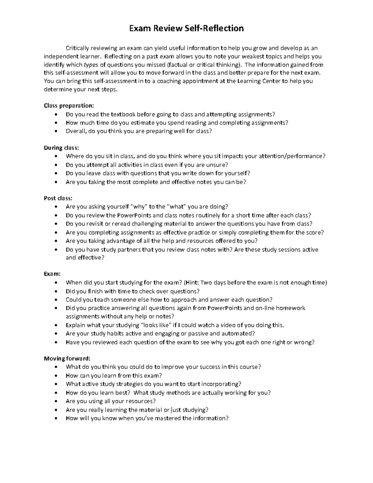 Exam Reflection Self Assessment - Exam Review Self-Reflection ...