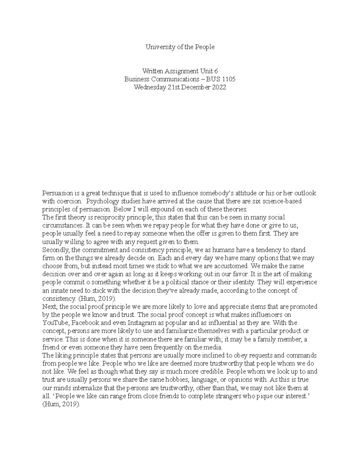 BUS 1105 Written Assignment - University of the People Written ...