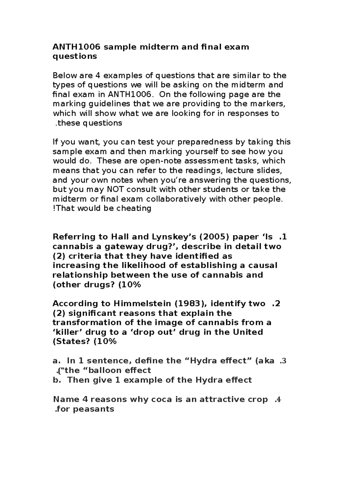 Sample mid-term questions - ANTH1006 sample midterm and final exam ...