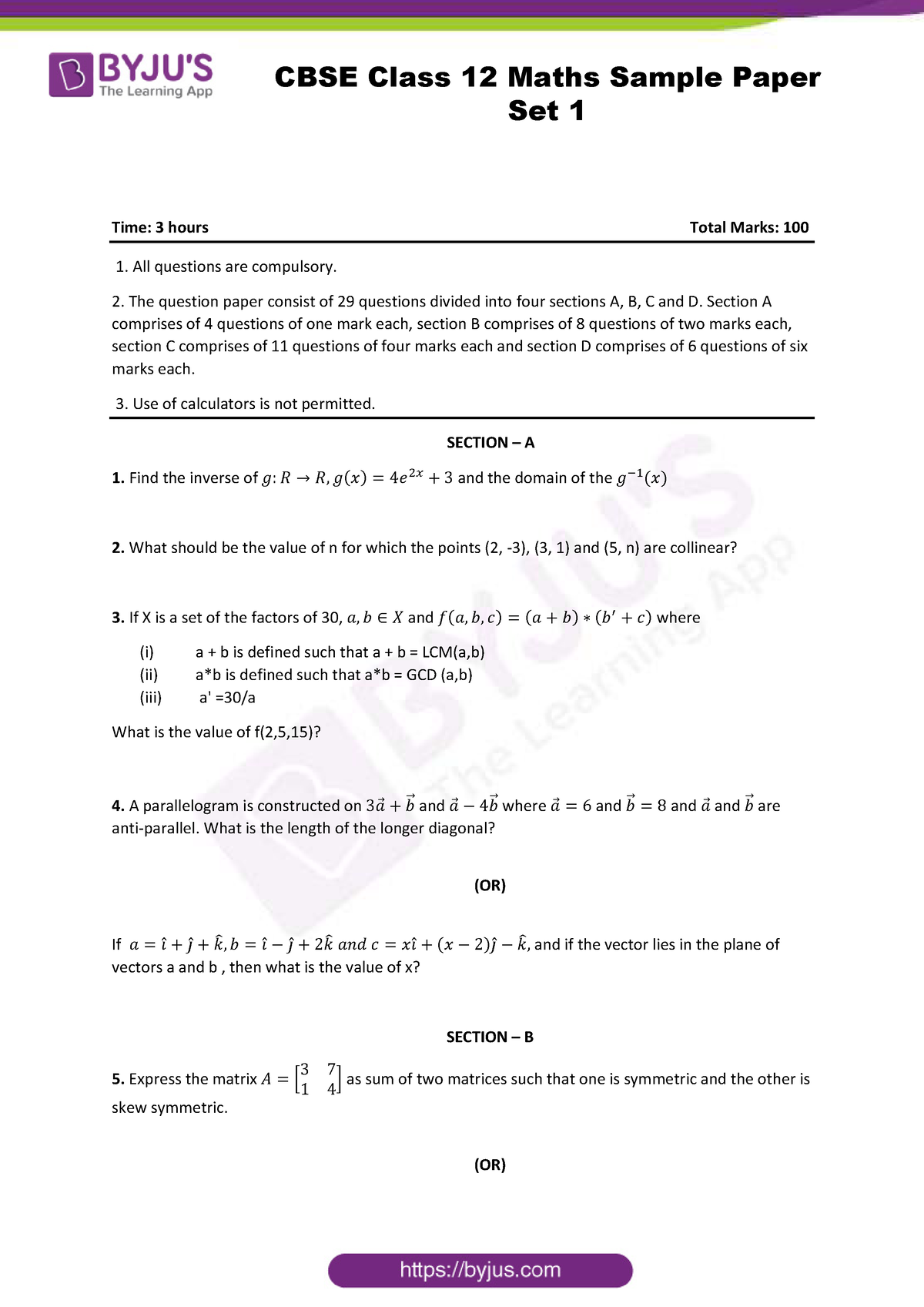 CBSE Class 12 Maths Sample Paper Set 1 - Time: 3 hours Total Marks: 100 ...