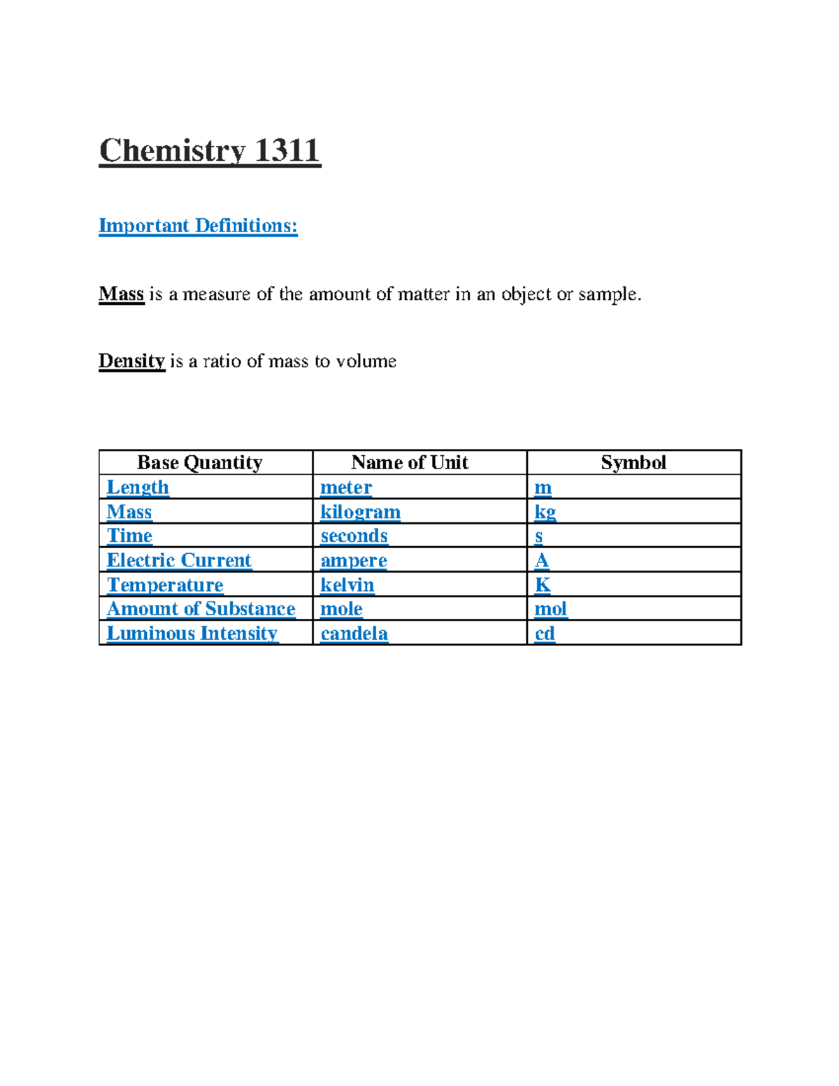 Chapter 1 SI Base Units, Temperature, and Mass Chemistry 1311 Important Definitions Mass is