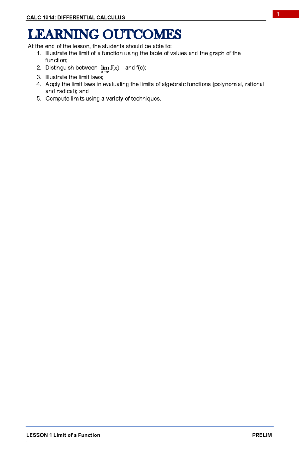 Prelim Lesson 1 Limit of a Function 2 - CALC 1014: DIFFERENTIAL ...