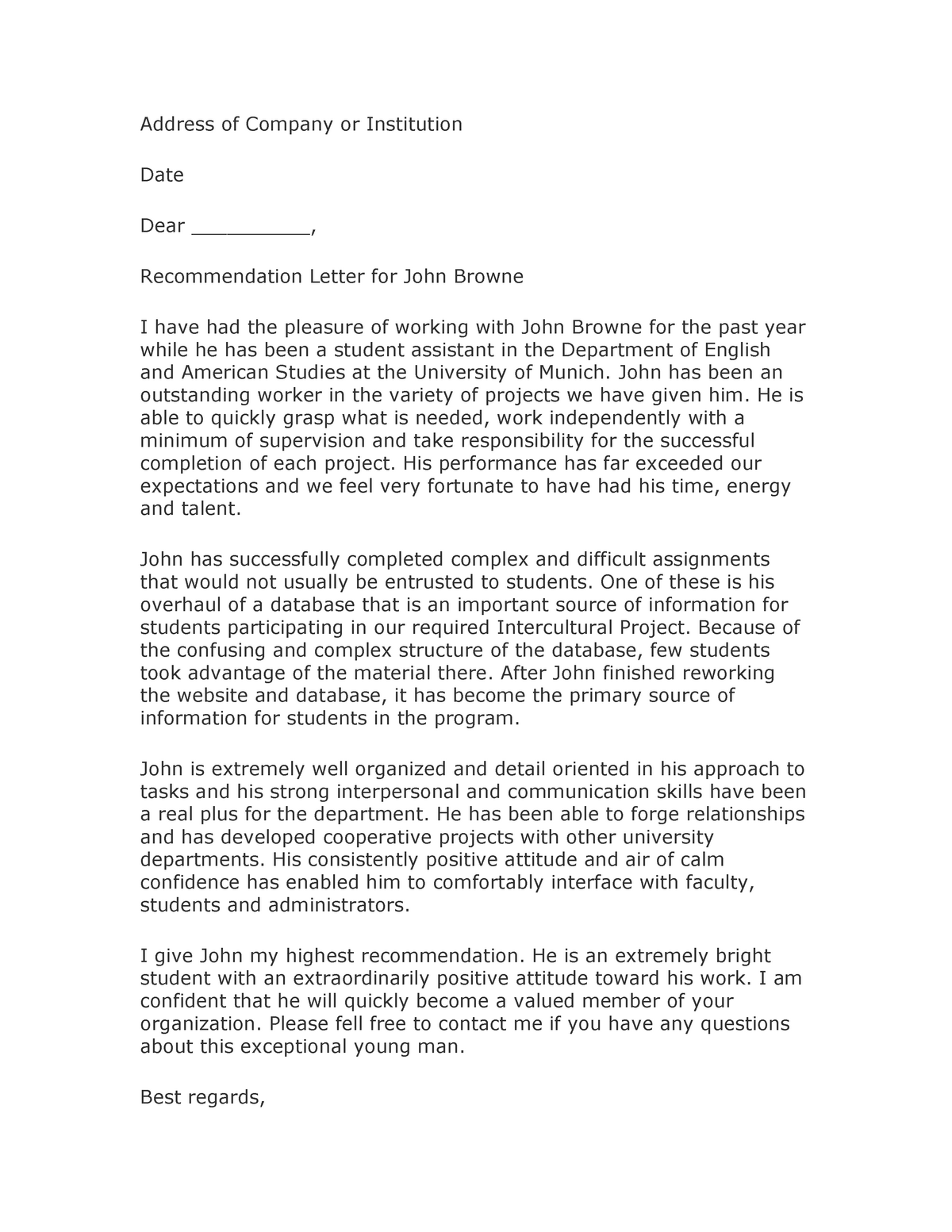 Practical recommendation letter - Address of Company or Institution ...
