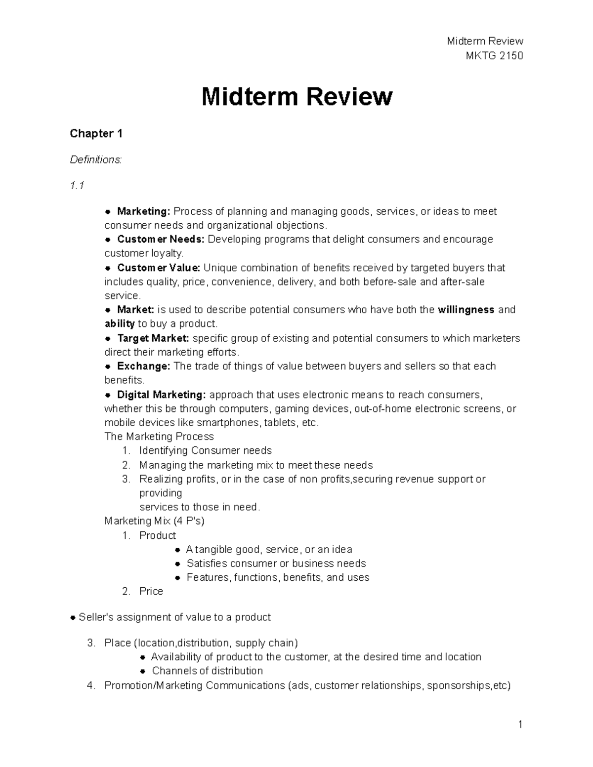 Midterm Review - Lecture notes 1-9 - MKTG 2150 Midterm Review Chapter 1 ...