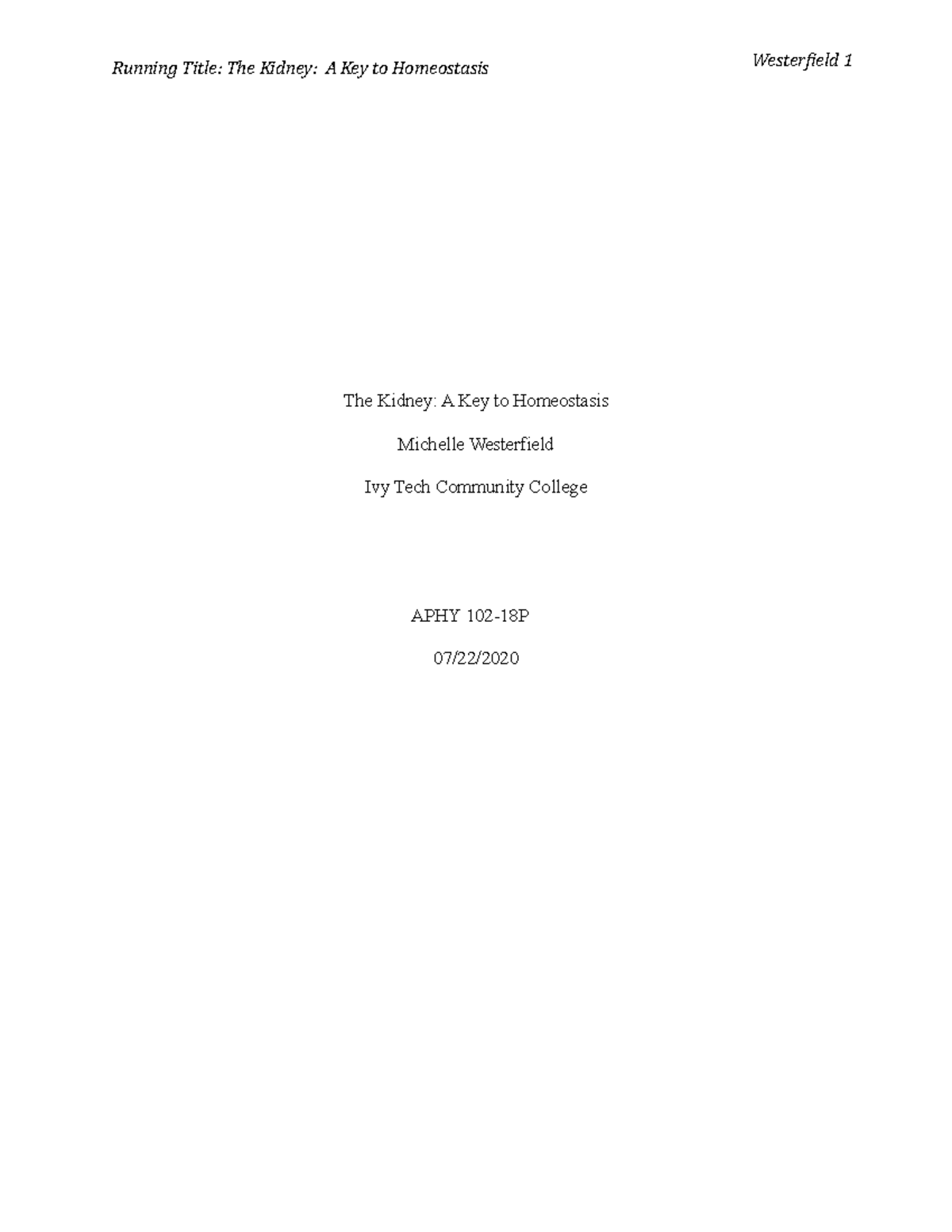 Westerfield Kidney Dissection Running Title The Kidney A Key to