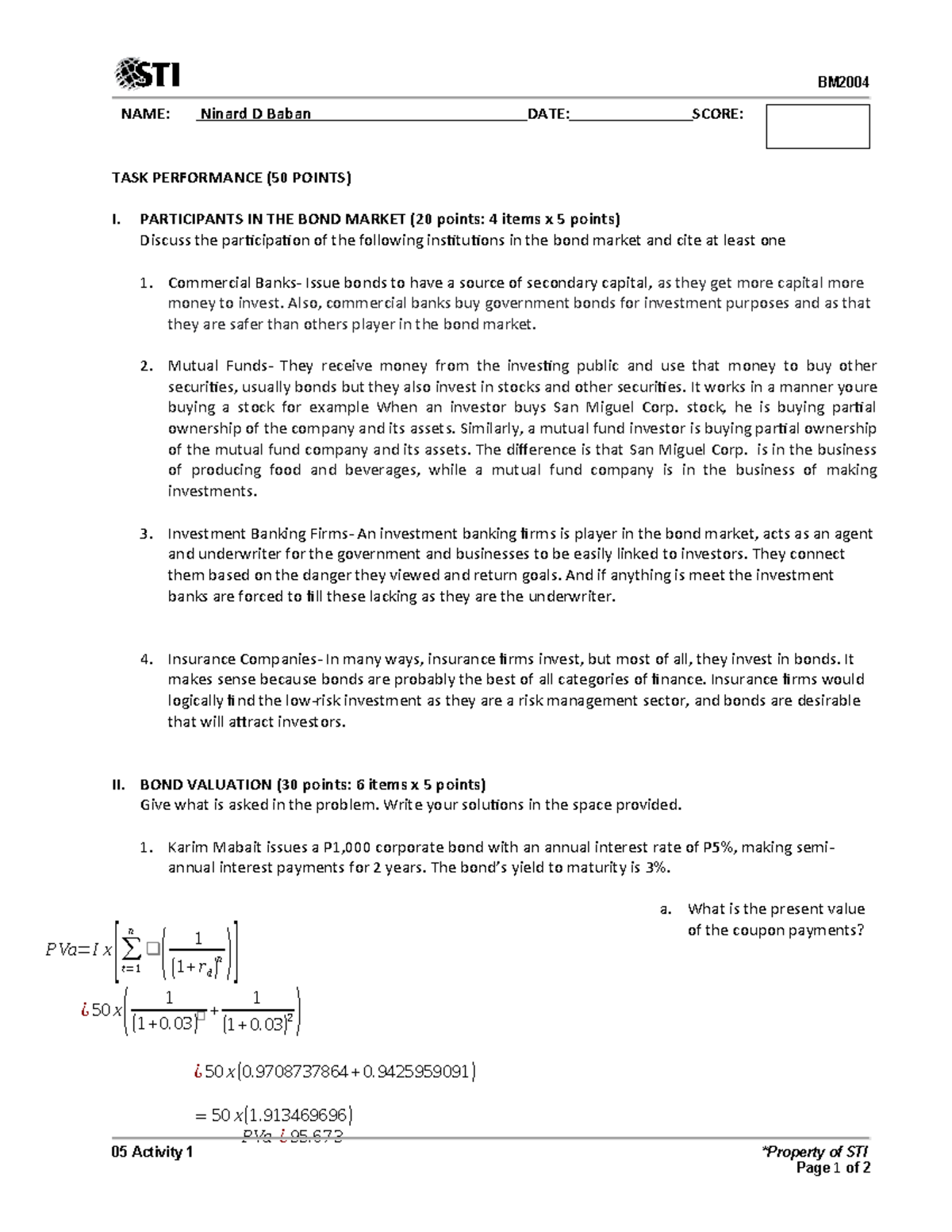 Toaz - Toaz - BM 05 Activity 1 *Property of STI Page 1 of 2 PVa=I x [ ∑ ...