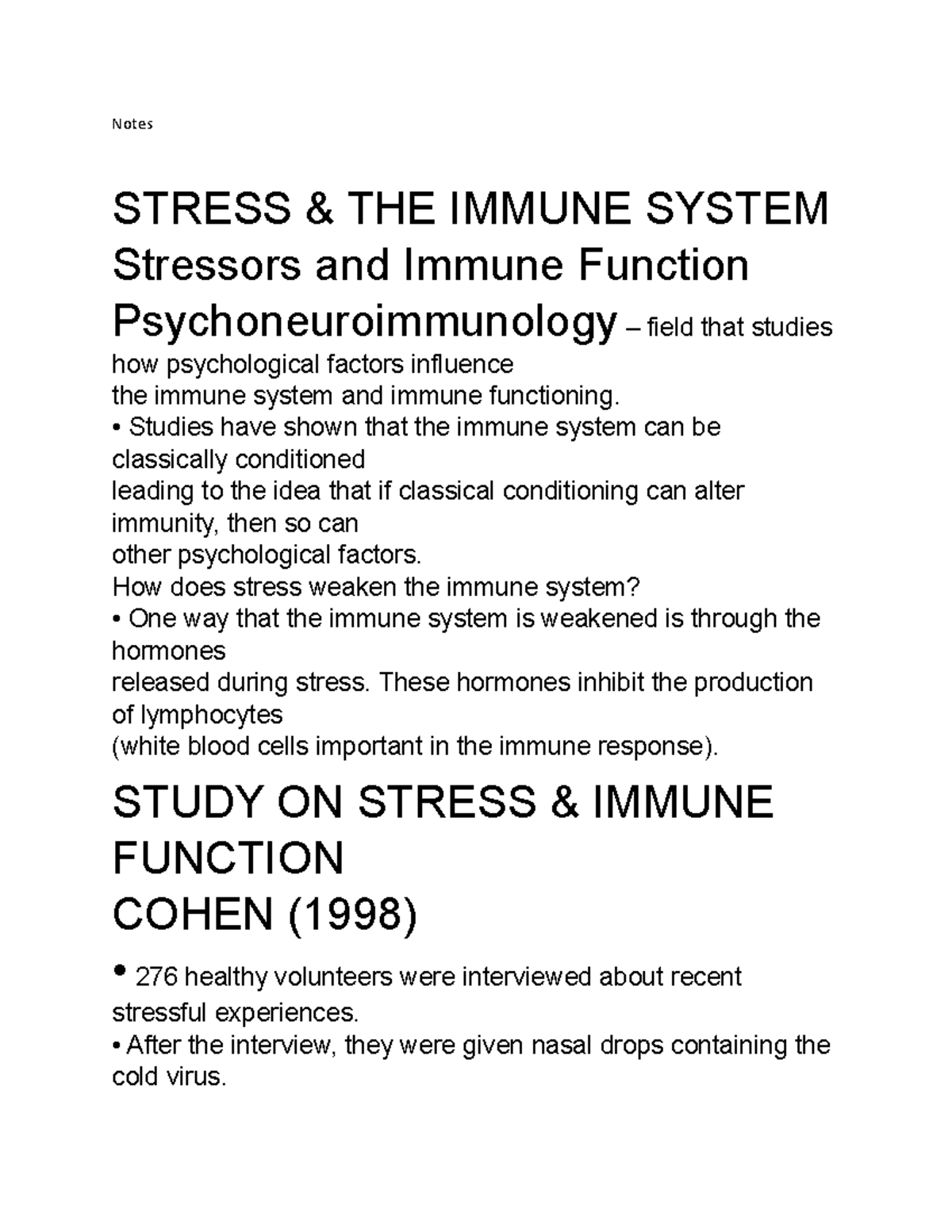 Document 168 - health and wellness - Notes STRESS & THE IMMUNE SYSTEM ...