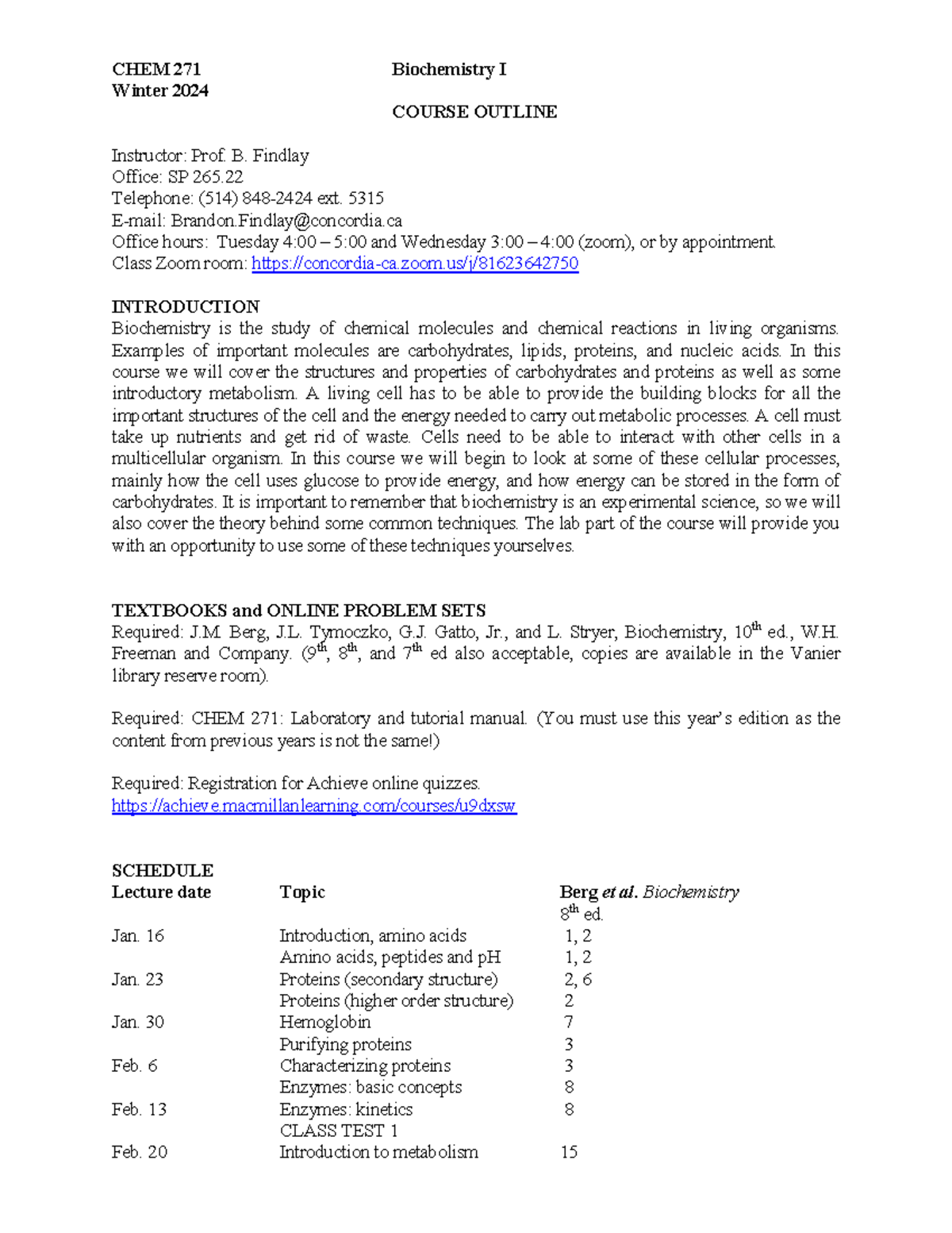Chem 271 syllabus - CHEM 271 Biochemistry I Winter 2024 COURSE OUTLINE ...
