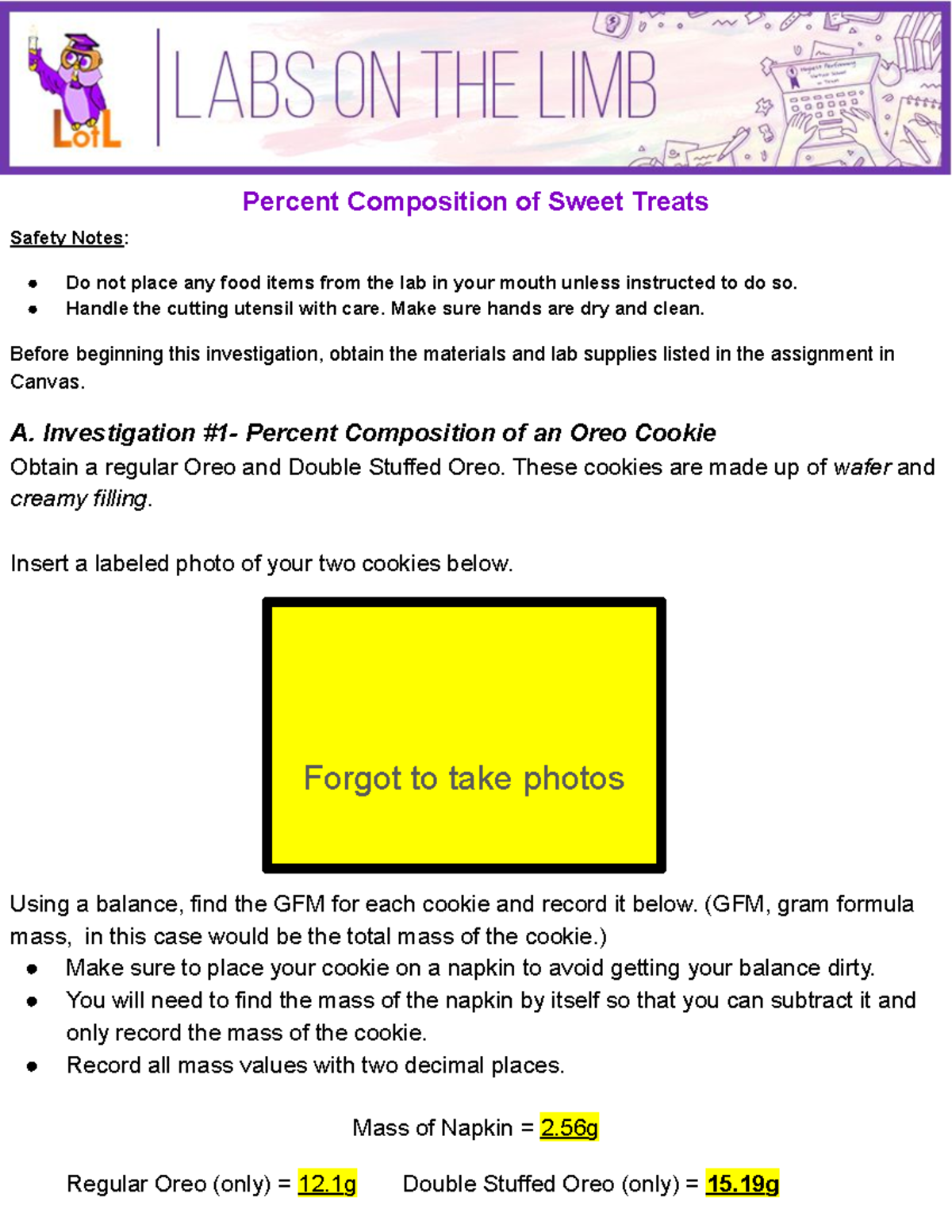 Percent Composition of Sweet Treats Labs on the Limb - Safety Notes: Do ...
