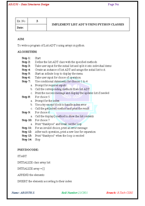 practical notes using python data structure - Ex. No: 9 IMPLEMENTATION ...