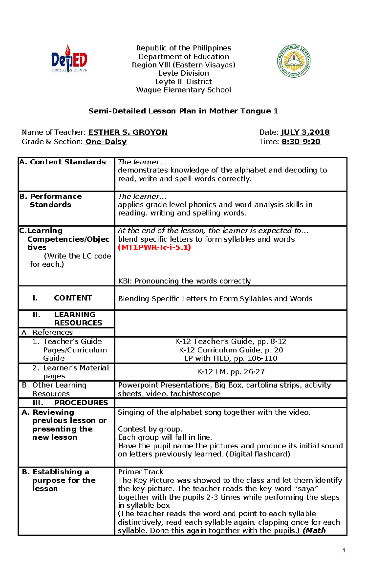 My Dll Cot Q1 Republic Of The Philippines Department Of Education Region Viii Eastern 1713