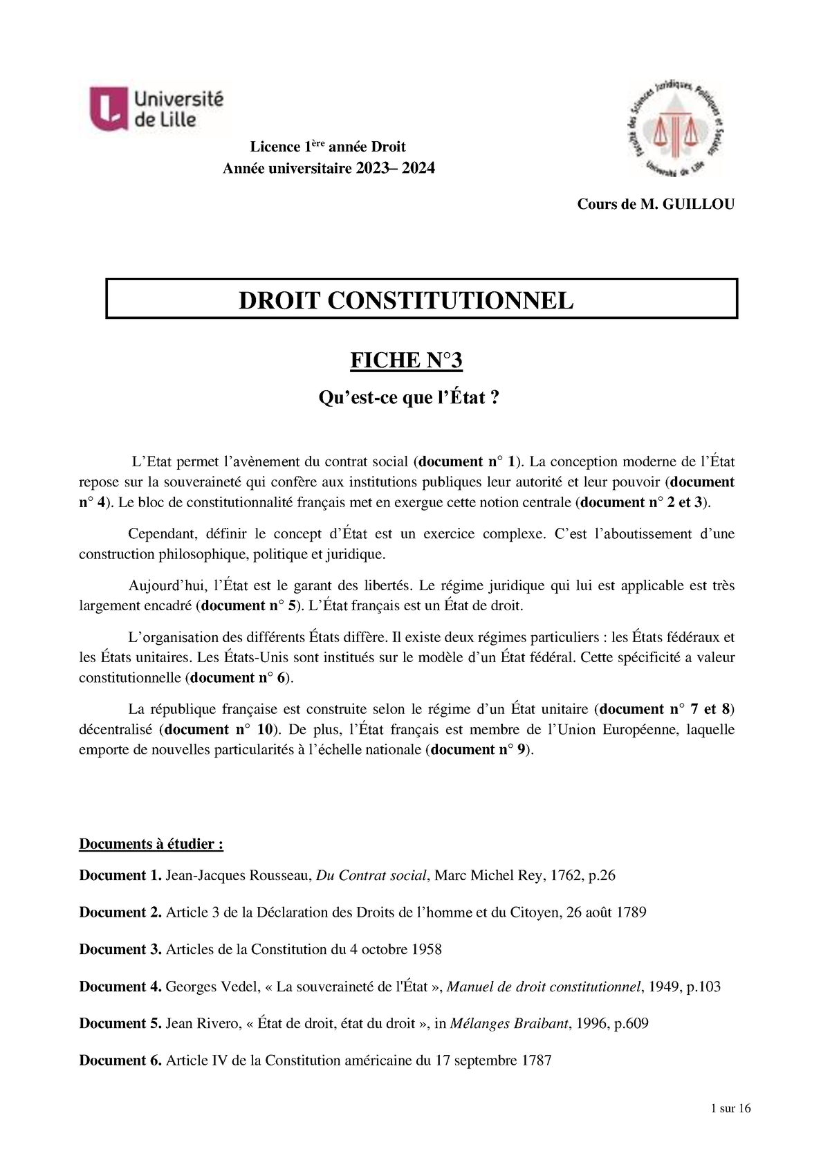 Fiche 3 - Droit - Licence 1 ère Année Droit Année Universitaire 2023 ...