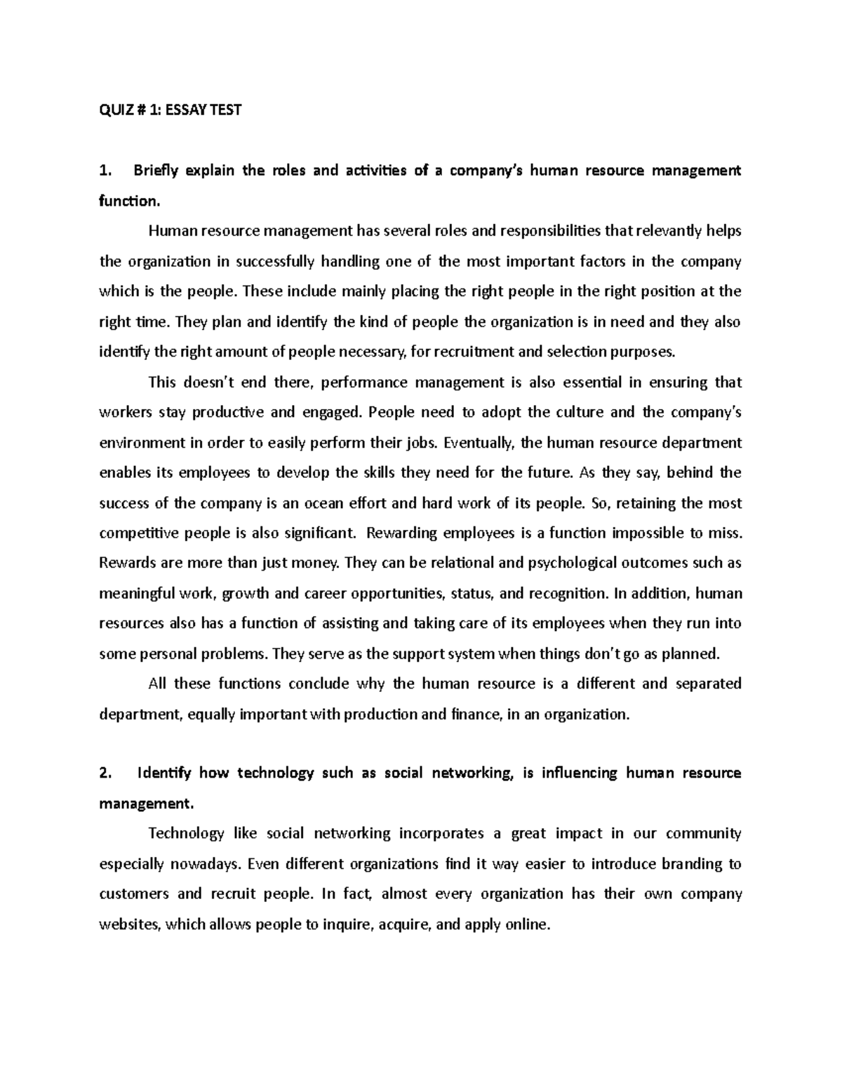 human resources function essay grade 11