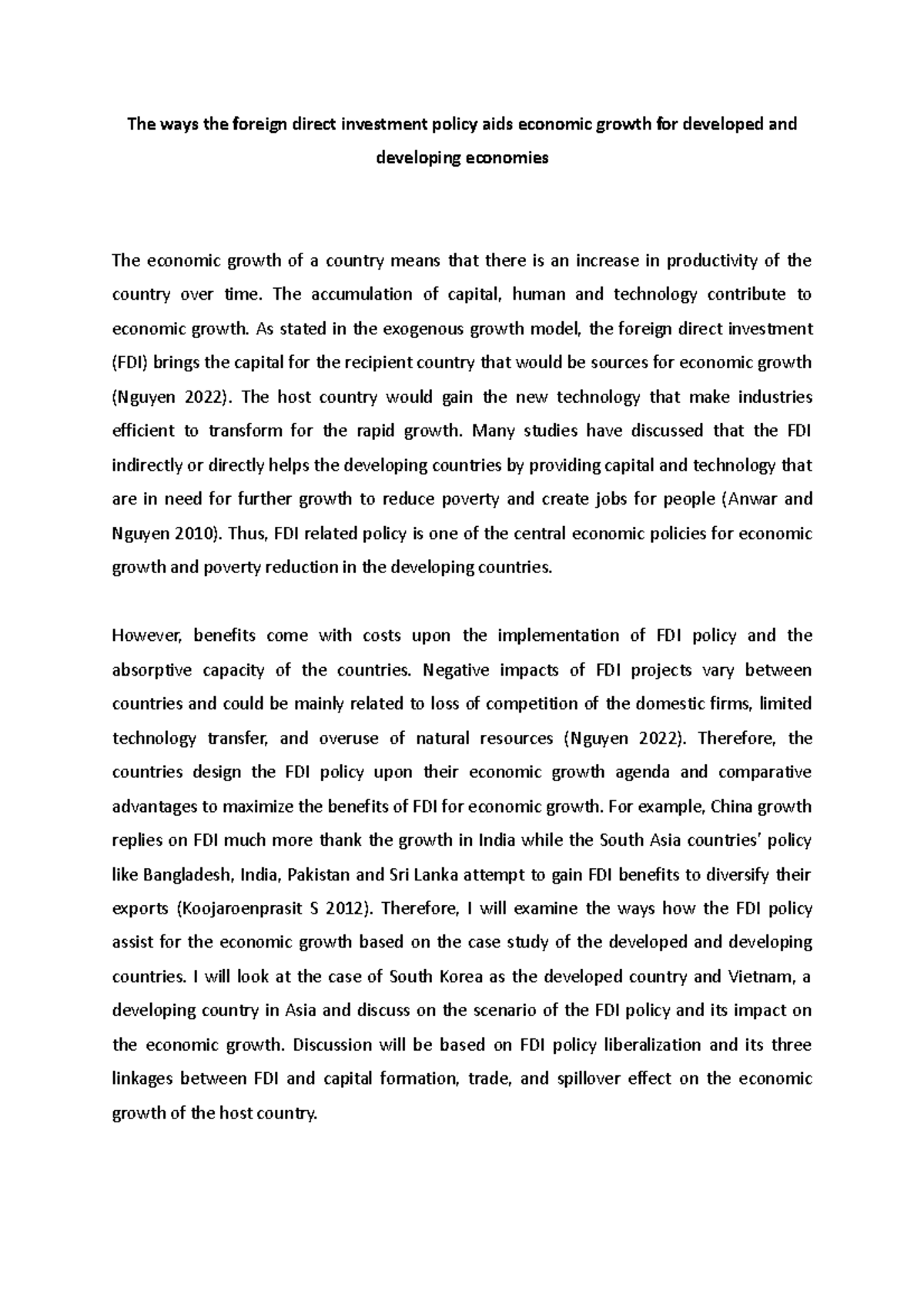 Final Essay u7596796 Joe - The ways the foreign direct investment ...