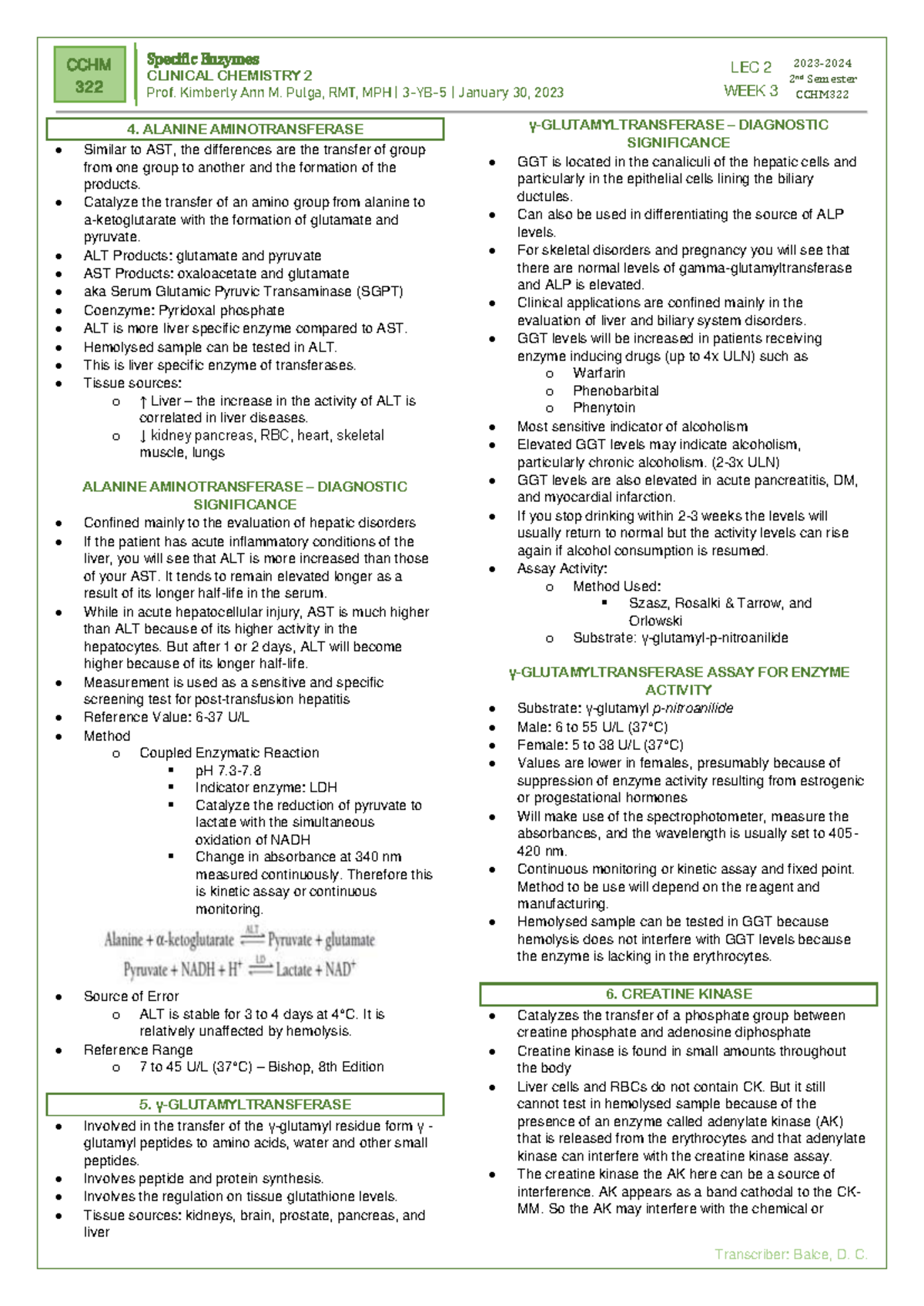 CCHM322 LEC WEEK 3 - Notes - CLINICAL CHEMISTRY 2 Prof. Kimberly Ann M ...