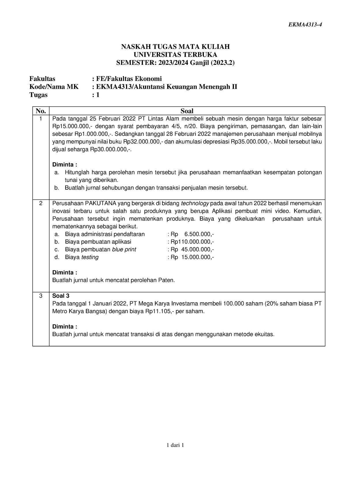 Akuntansi Keuangan Menengah II - EKMA4313- 4 1 Dari 1 NASKAH TUGAS MATA ...