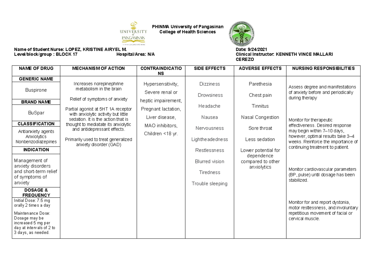 A drug study on BuSpar - PHINMA University of Pangasinan College of ...