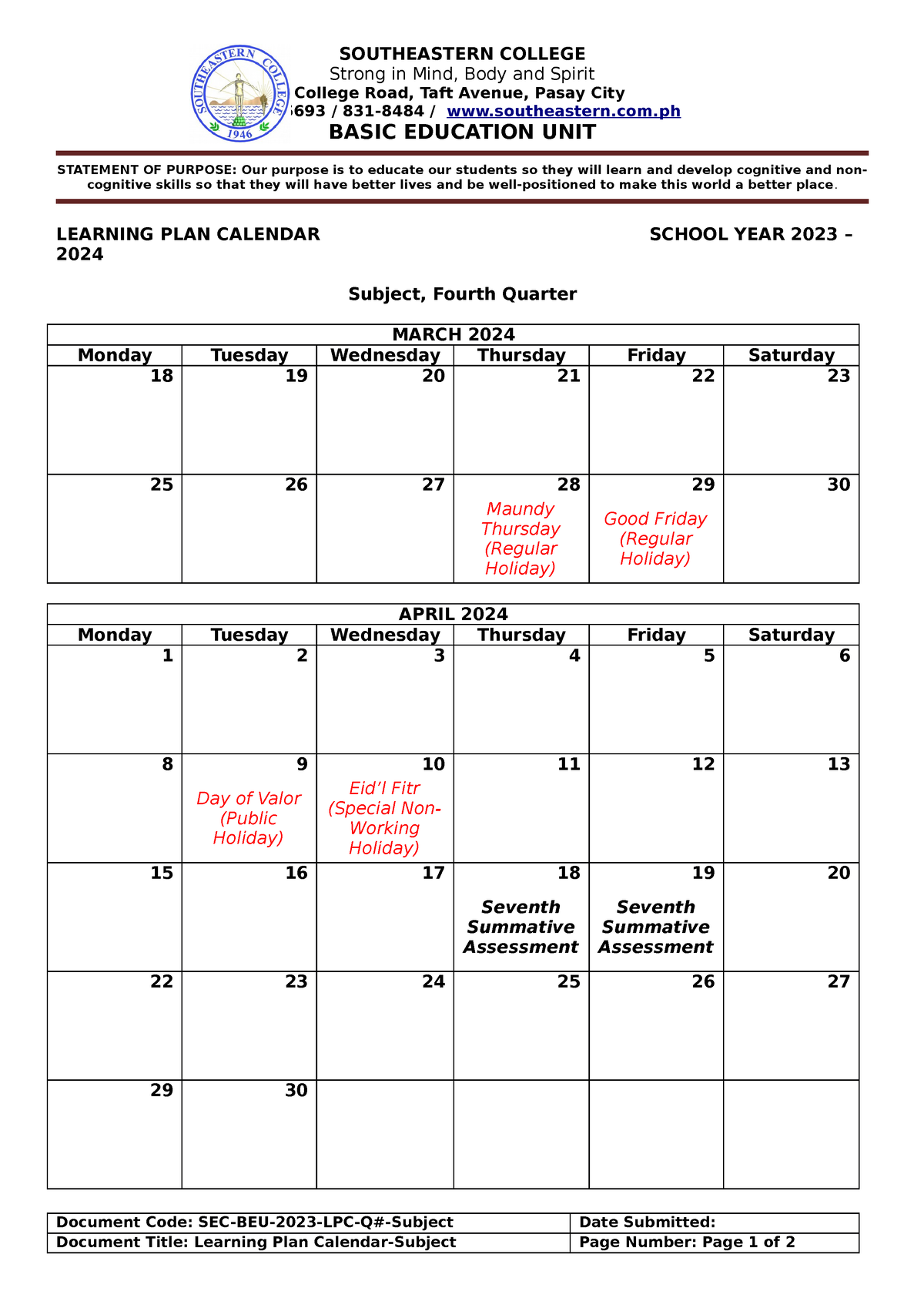 Q4 LearningPlanCalendar SY20232024 Subject Initials SOUTHEASTERN