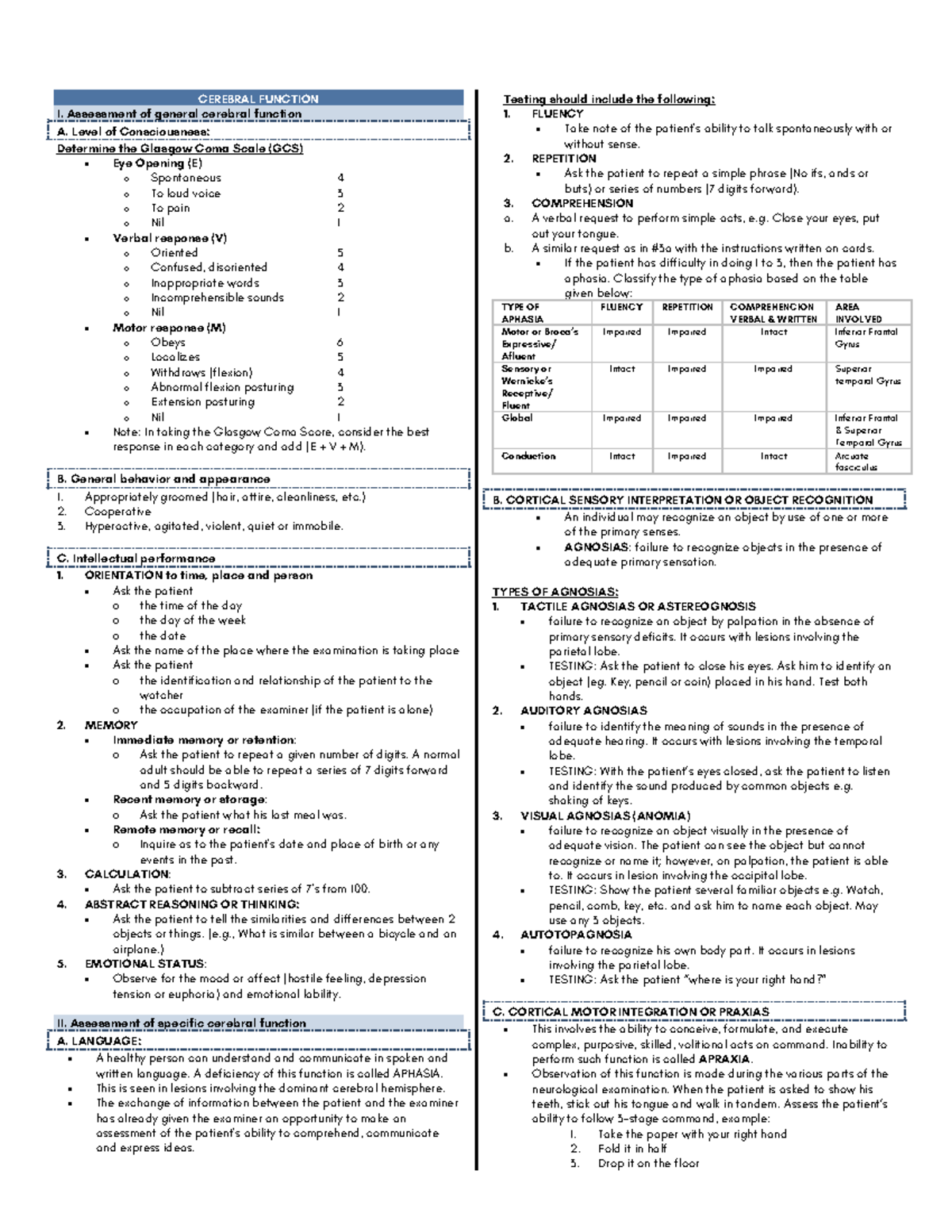 Neurological Examination - CEREBRAL FUNCTION I. Assessment of general ...