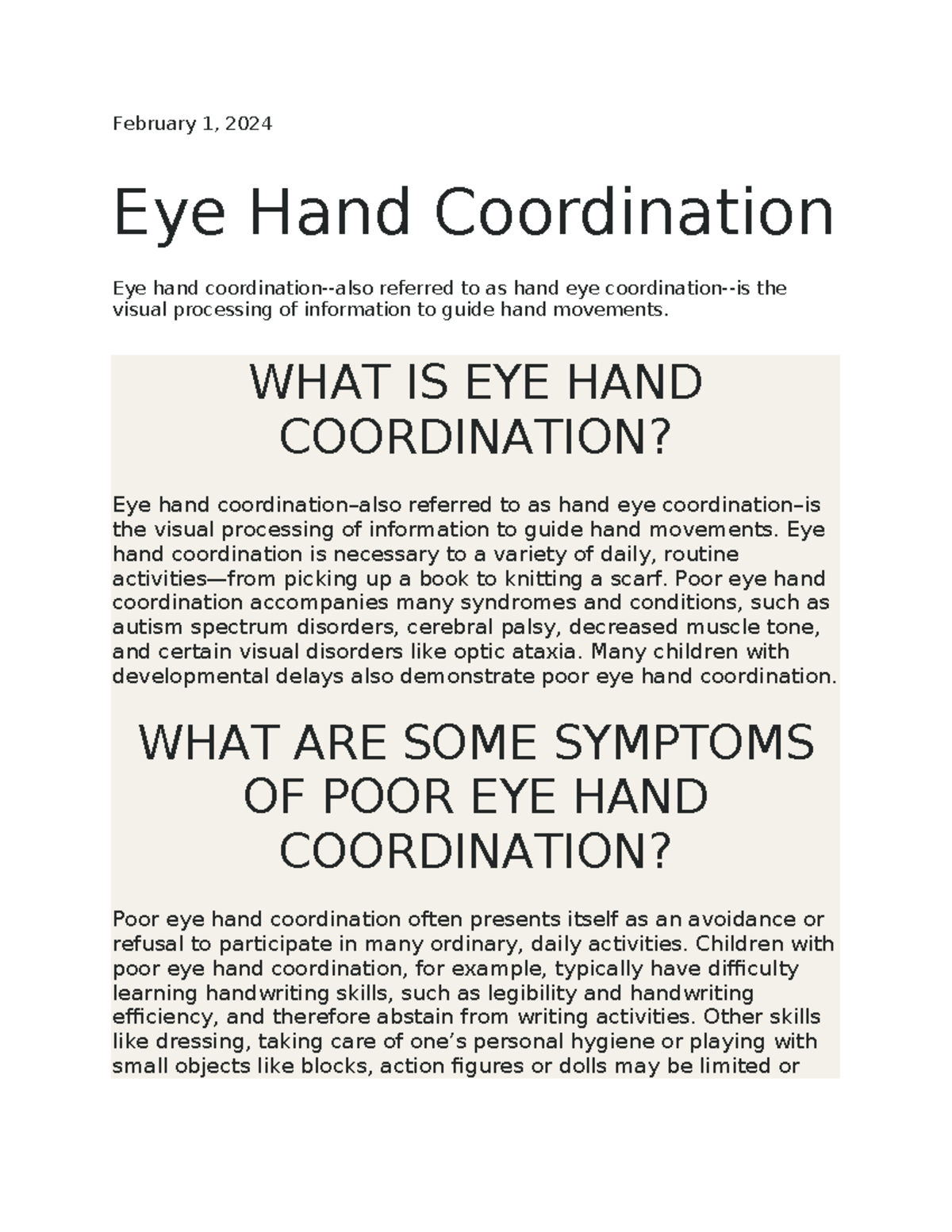 February 1 - eye hand coordination - February 1, 2024 Eye Hand ...