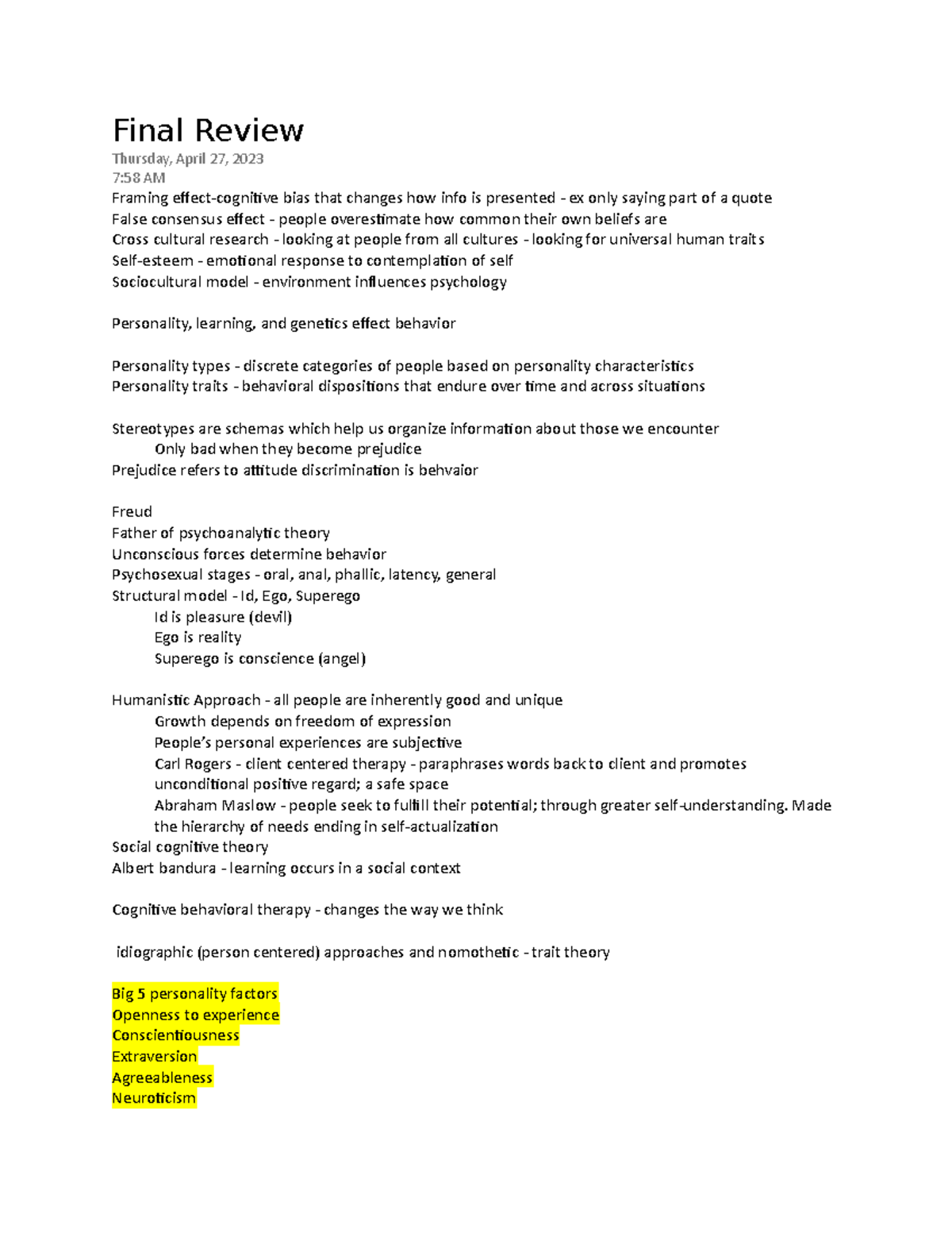 Psych 1101 final review Final Review Thursday, April 27, 2023 758 AM