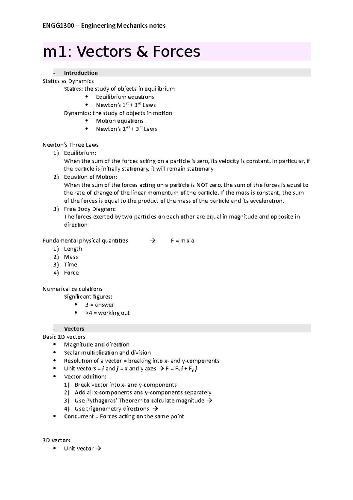 ENGG1300 notes - goodluck - m1: Vectors & Forces Introduction Statics ...