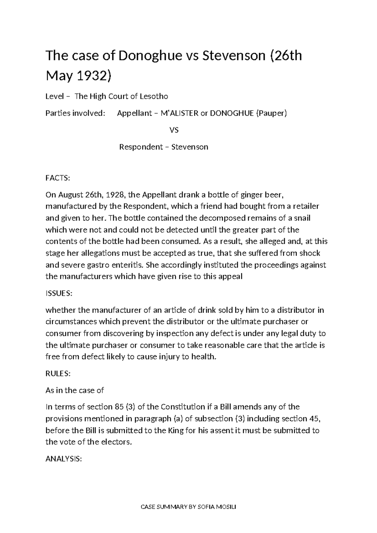 Donoghue v stevenson - NOTES - The case of Donoghue vs Stevenson (26th ...