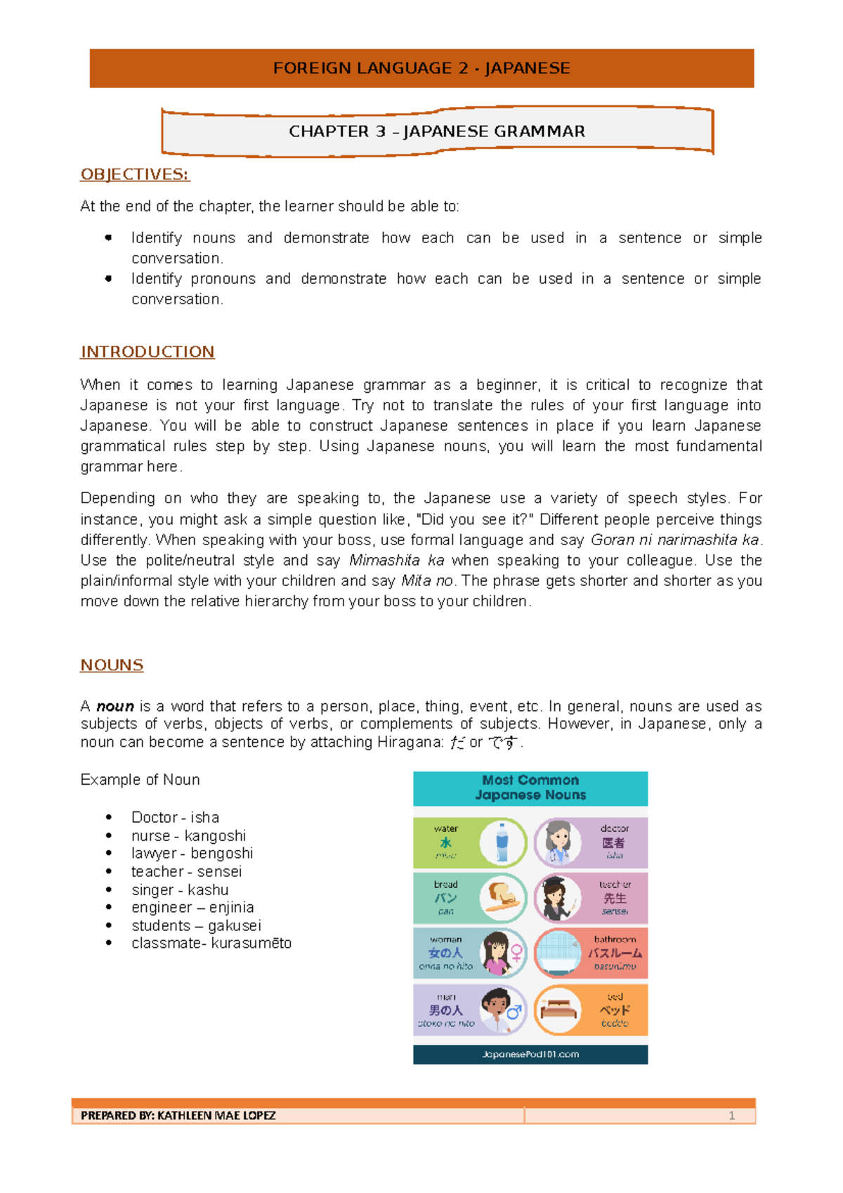 Module 3 Foreign Language Nihongo / Japanese - OBJECTIVES: At the end ...