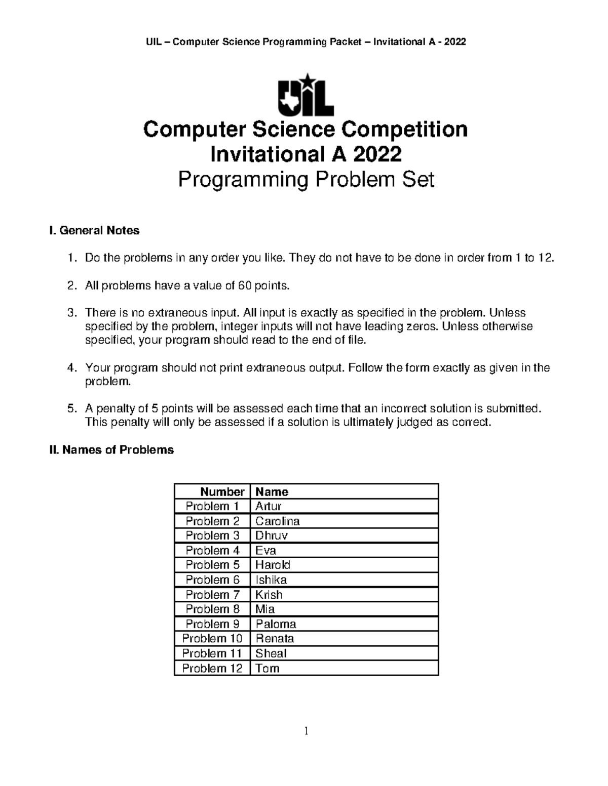 Uilcs Inv A 2022 Student Packet- Final - Computer Science Competition ...