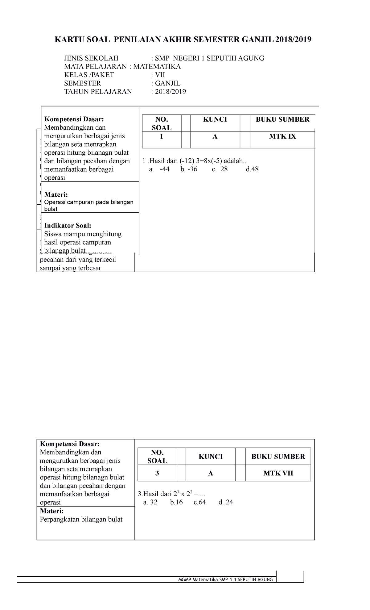 Kisi PAS MTK Kls 7 - Kisi Kisi - KARTU SOAL PENILAIAN AKHIR SEMESTER ...