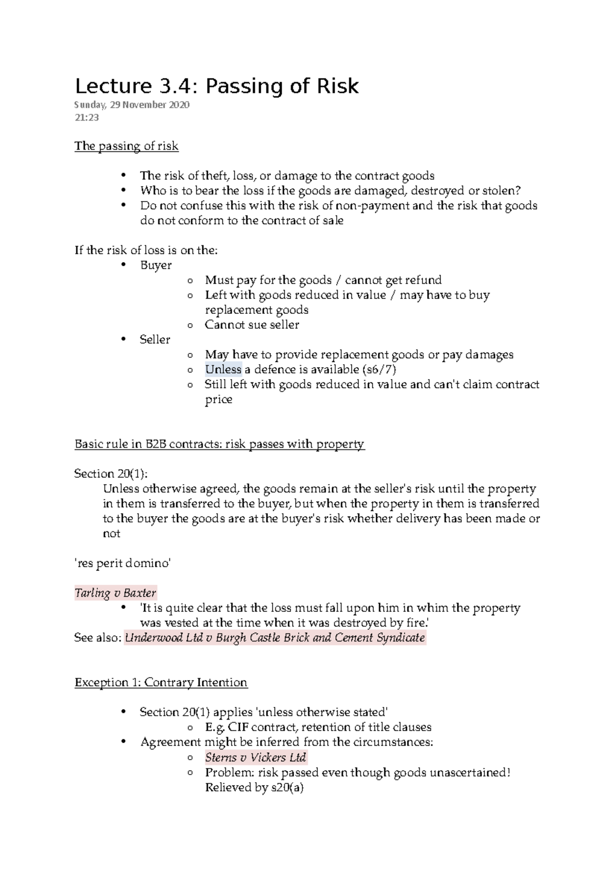 Passing of Risk - Lecture 3: Passing of Risk Sunday, 29 November 2020 ...