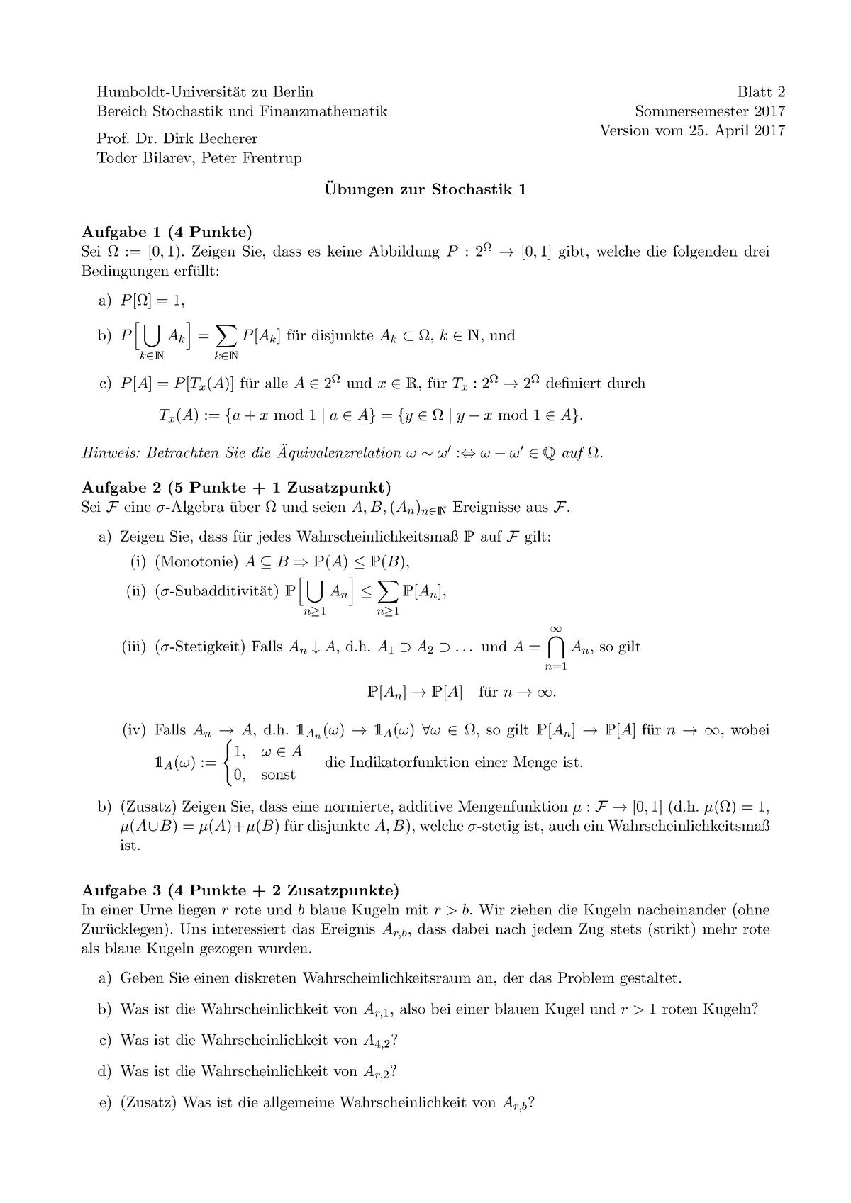 Stochastik 1 Aufgabenblatt 2 - Humboldt-Universit ̈at Zu Berlin Bereich ...