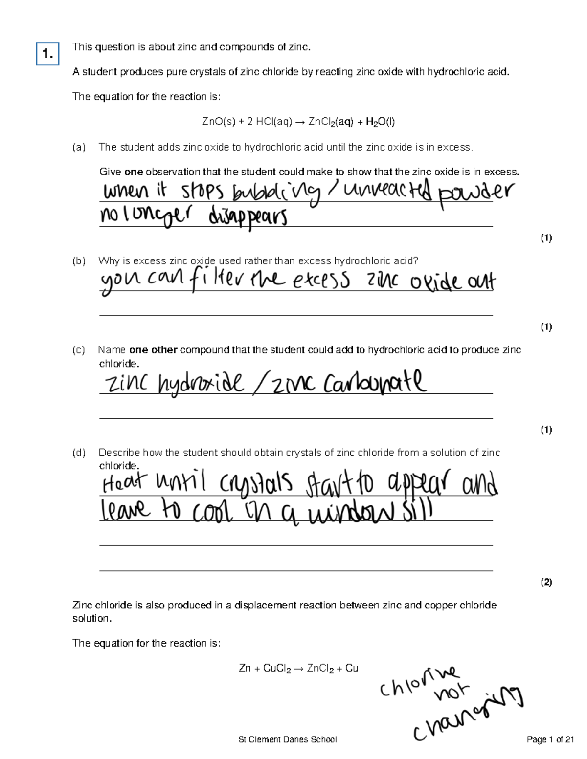 Chem paper 1 pracs QP Practicals This question is about zinc and