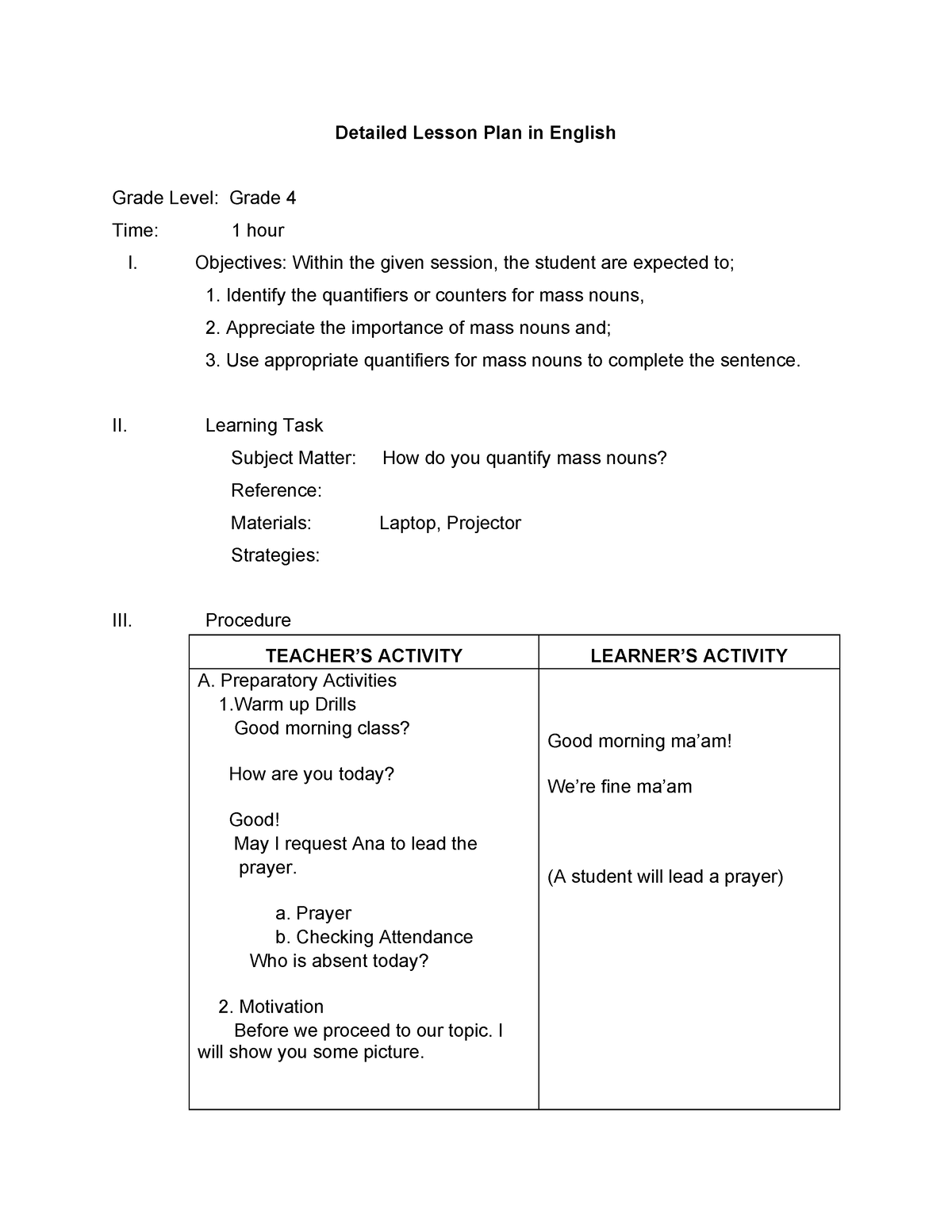 5A's Detailed Lesson Plan in English mass nouns - Detailed Lesson Plan ...