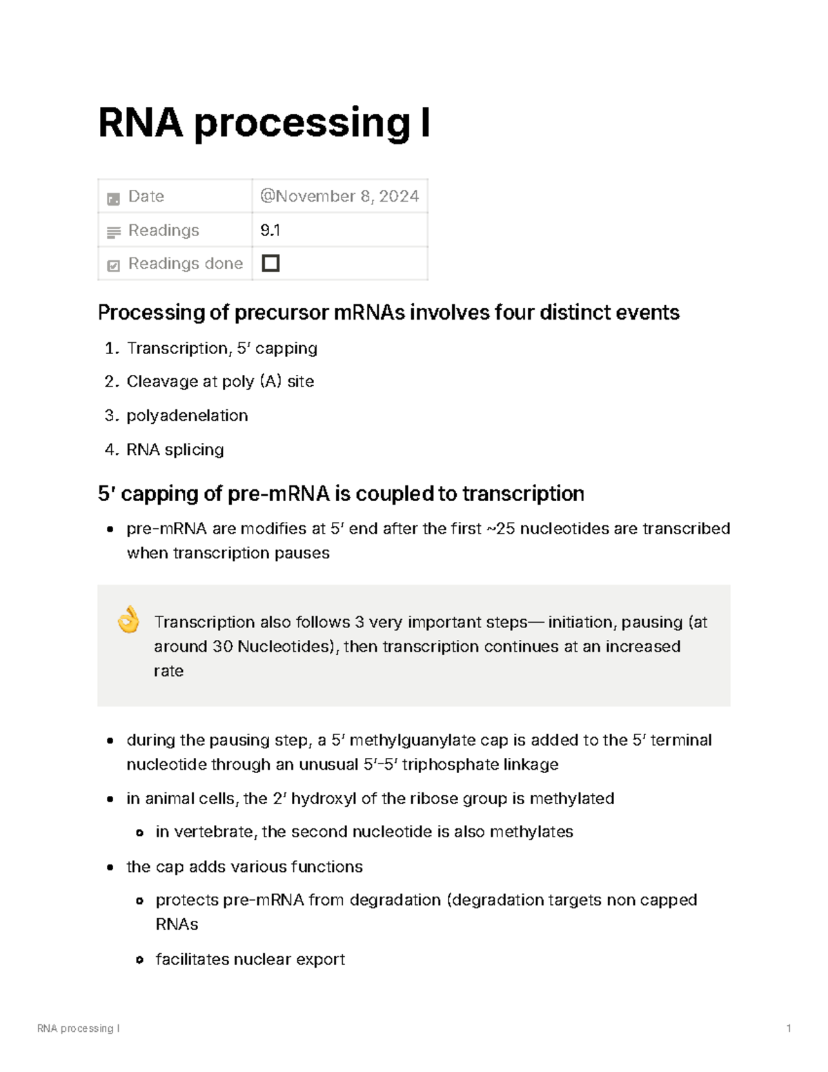 RNA processing one - lecture notes for PL1 - RNA processing I Date ...
