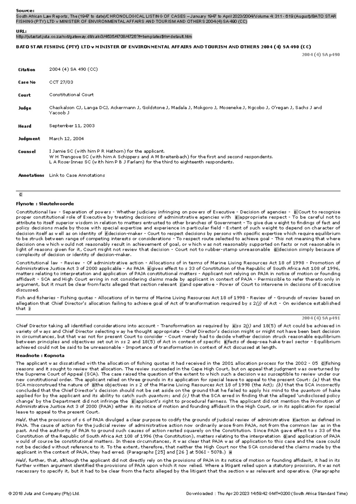 BATO STAR Fishing (PTY) LTD v Minister OF Environmental Affairs AND