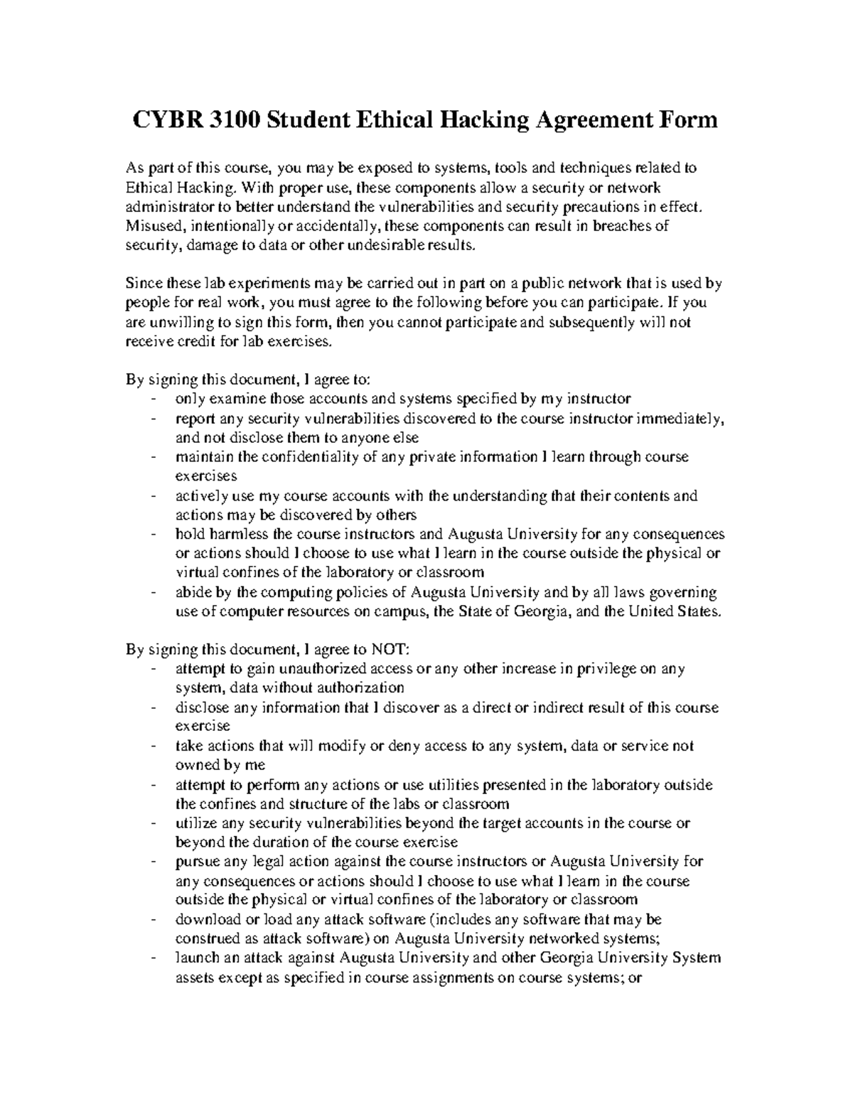 CYBR 3100 Ethical Hacking Agreement - CYBR 3100 Student Ethical Hacking ...