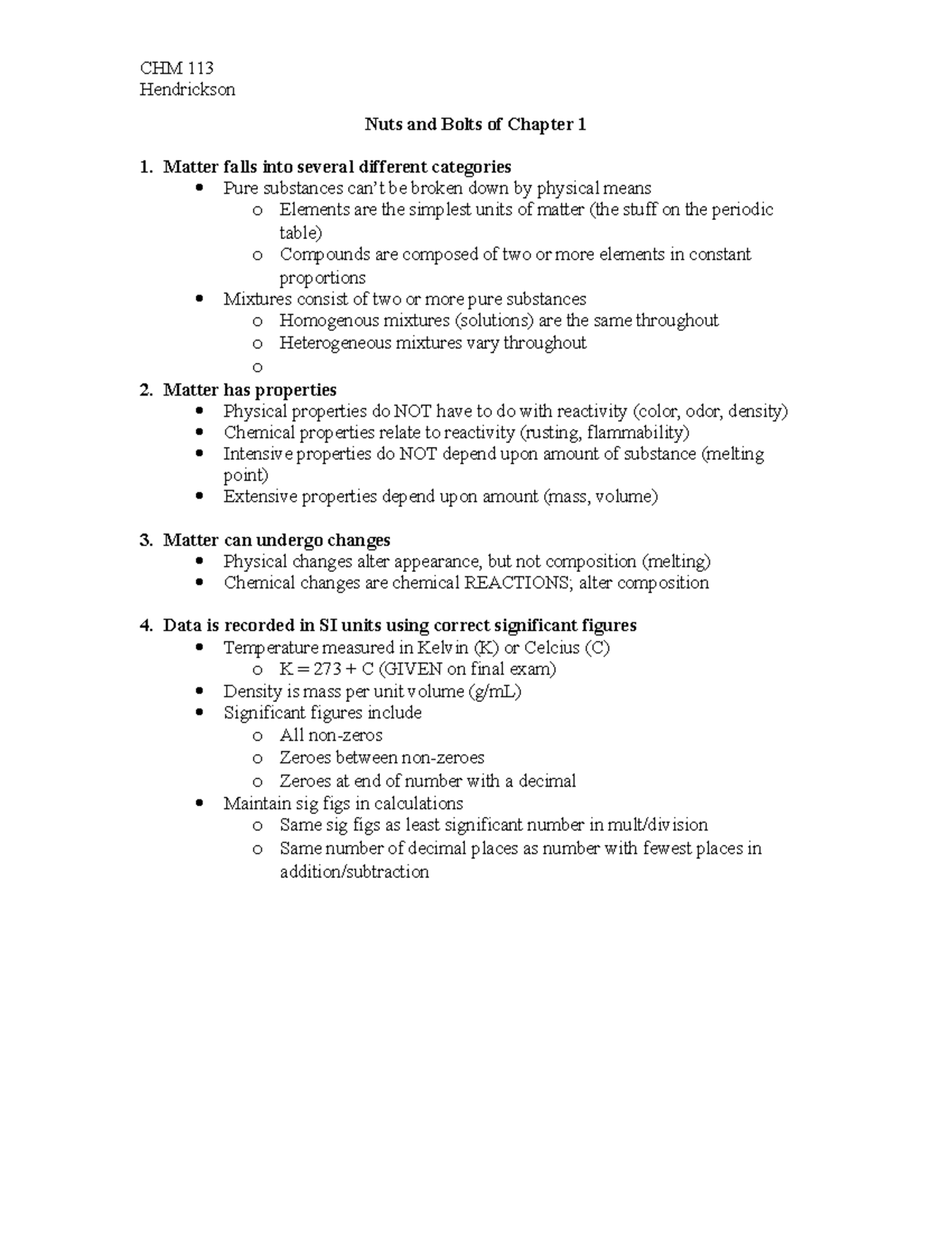 Nuts and Bolts of Chapter 1 CHM 113 Hendrickson Nuts and Bolts of
