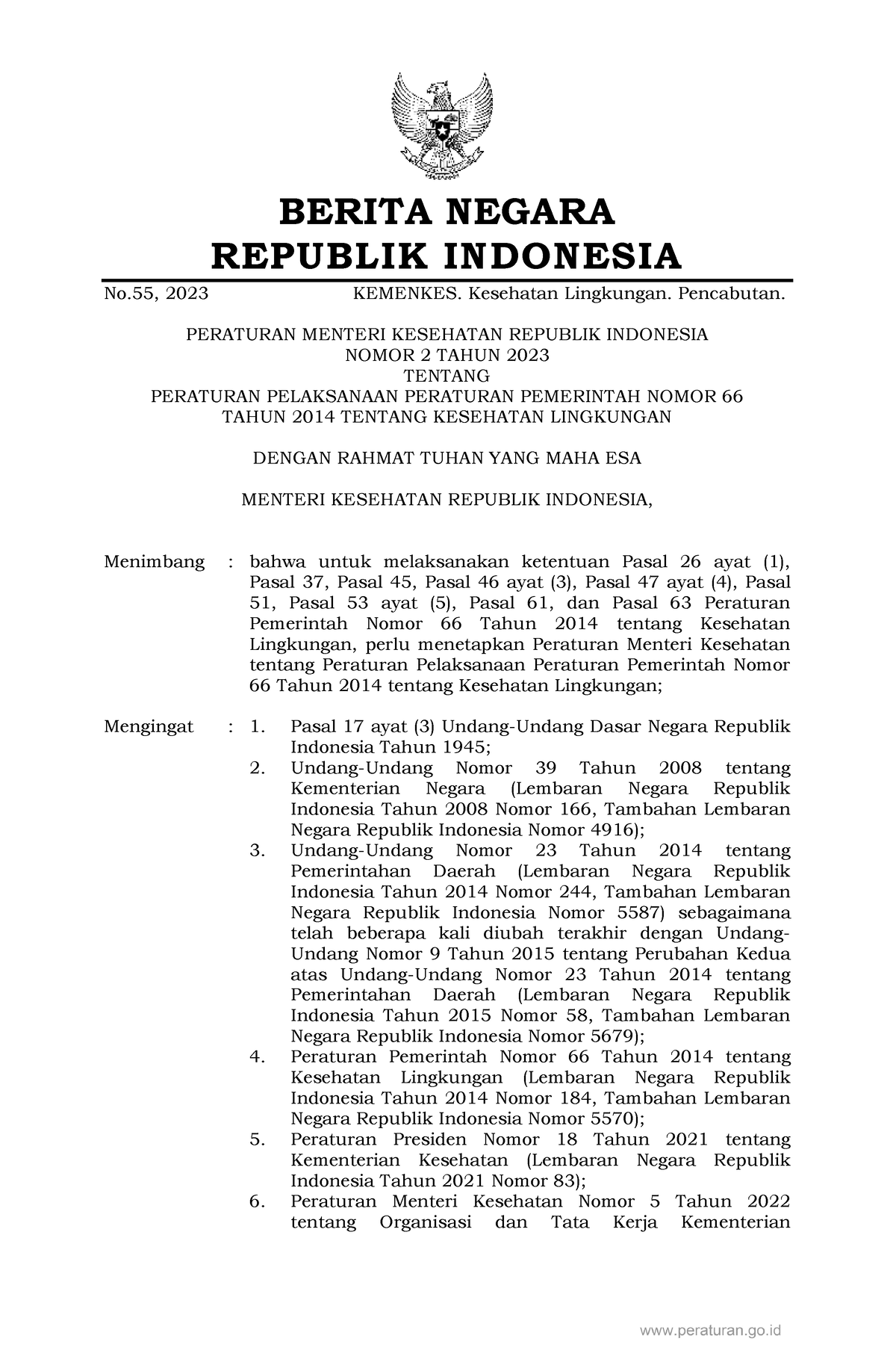 Permenkes 2 (2023) - BERITA NEGARA REPUBLIK INDONESIA No, 2023 KEMENKES ...