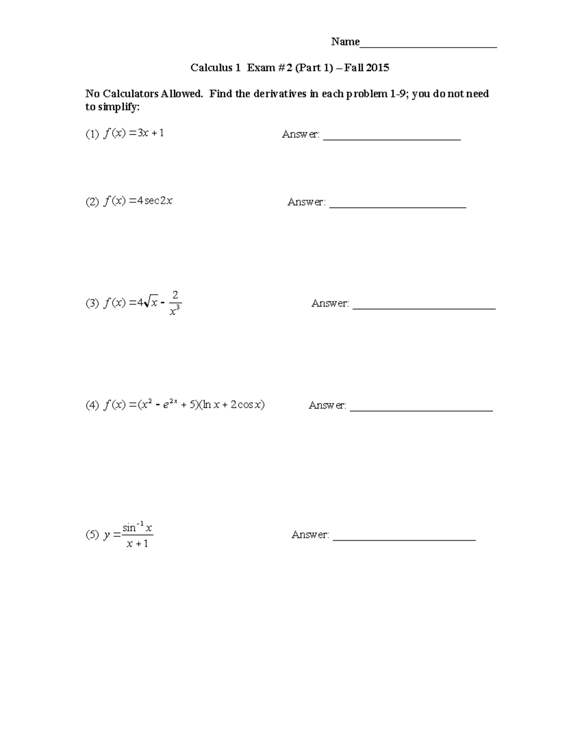 Exam2part1 past exam name calculus 1 exam