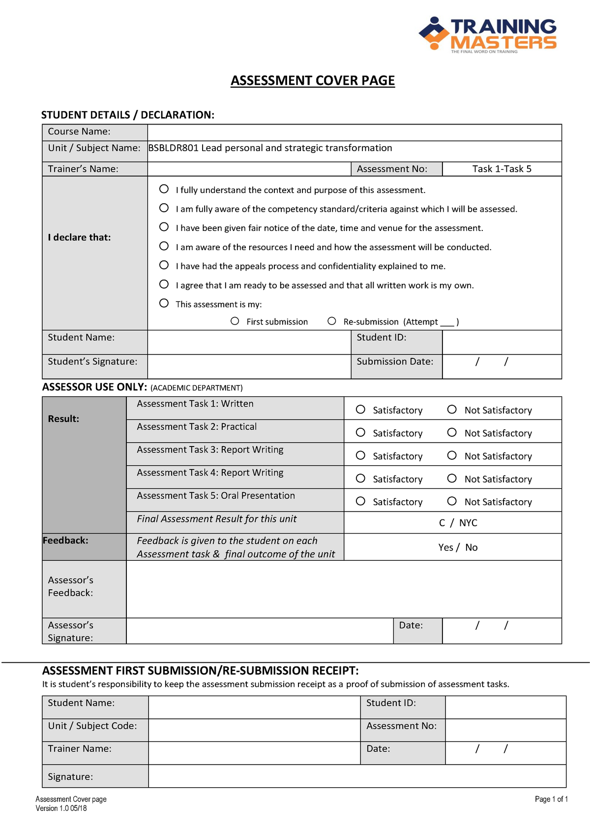 Bsbldr 801 Student Assessment Task - Assessment Cover page Page 1 of 1 ...