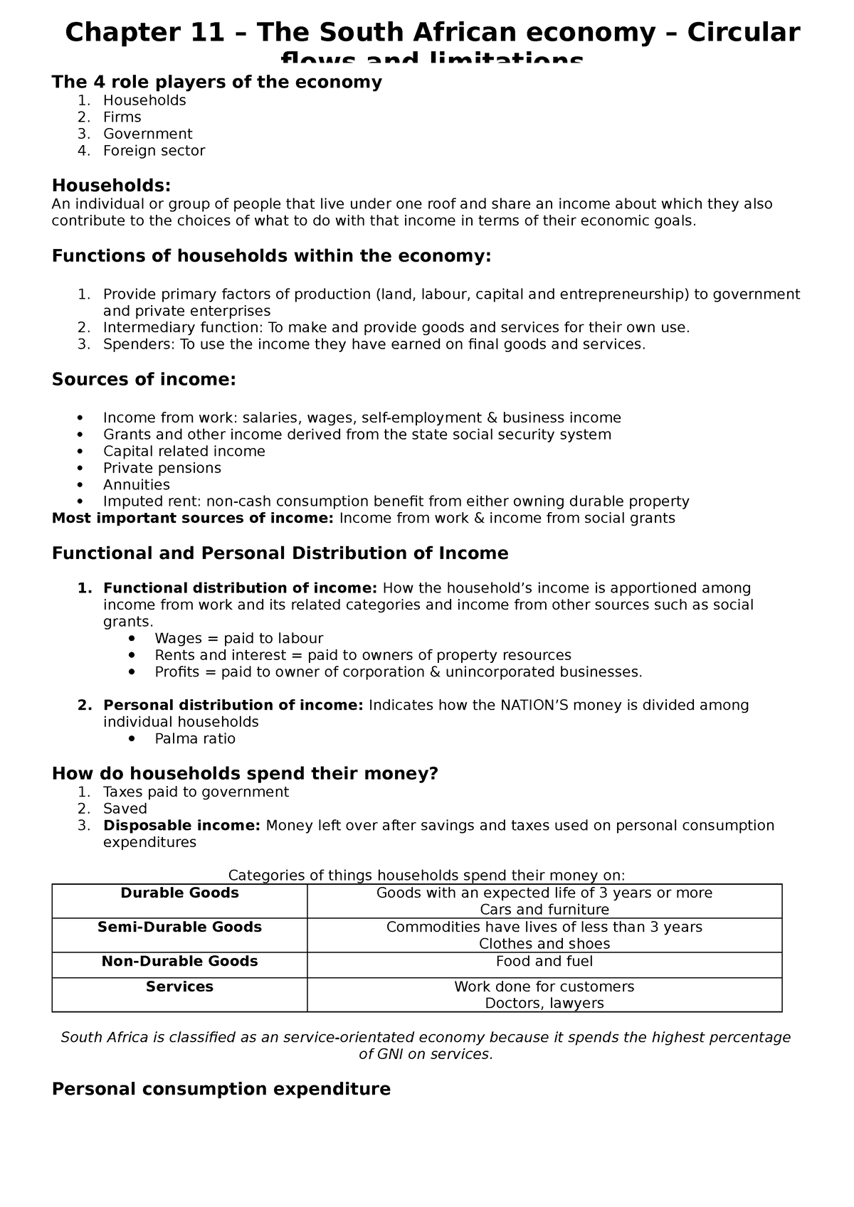 EKN exam - summaries - The 4 role players of the economy 1. Households ...