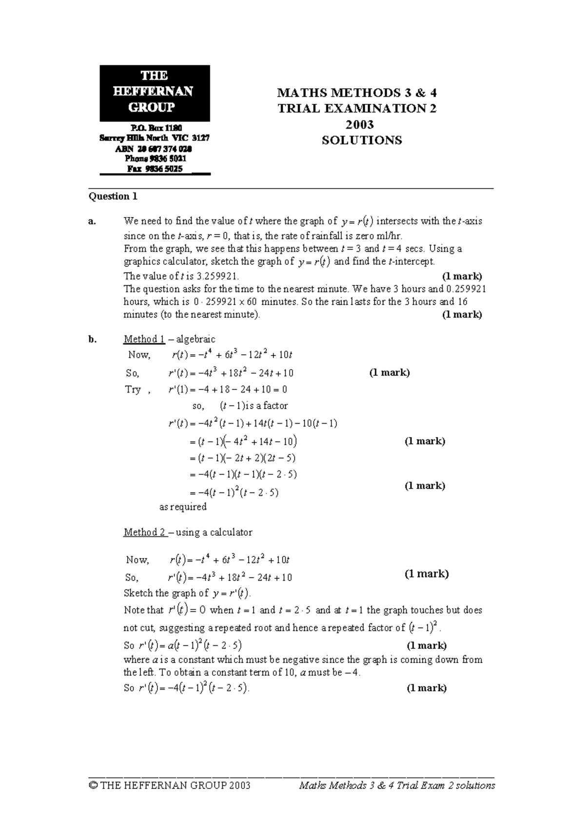 [VCE Methods] 2003 Heffernan Unit 34 Exam 2 Solutions - MATHS METHODS 3 ...