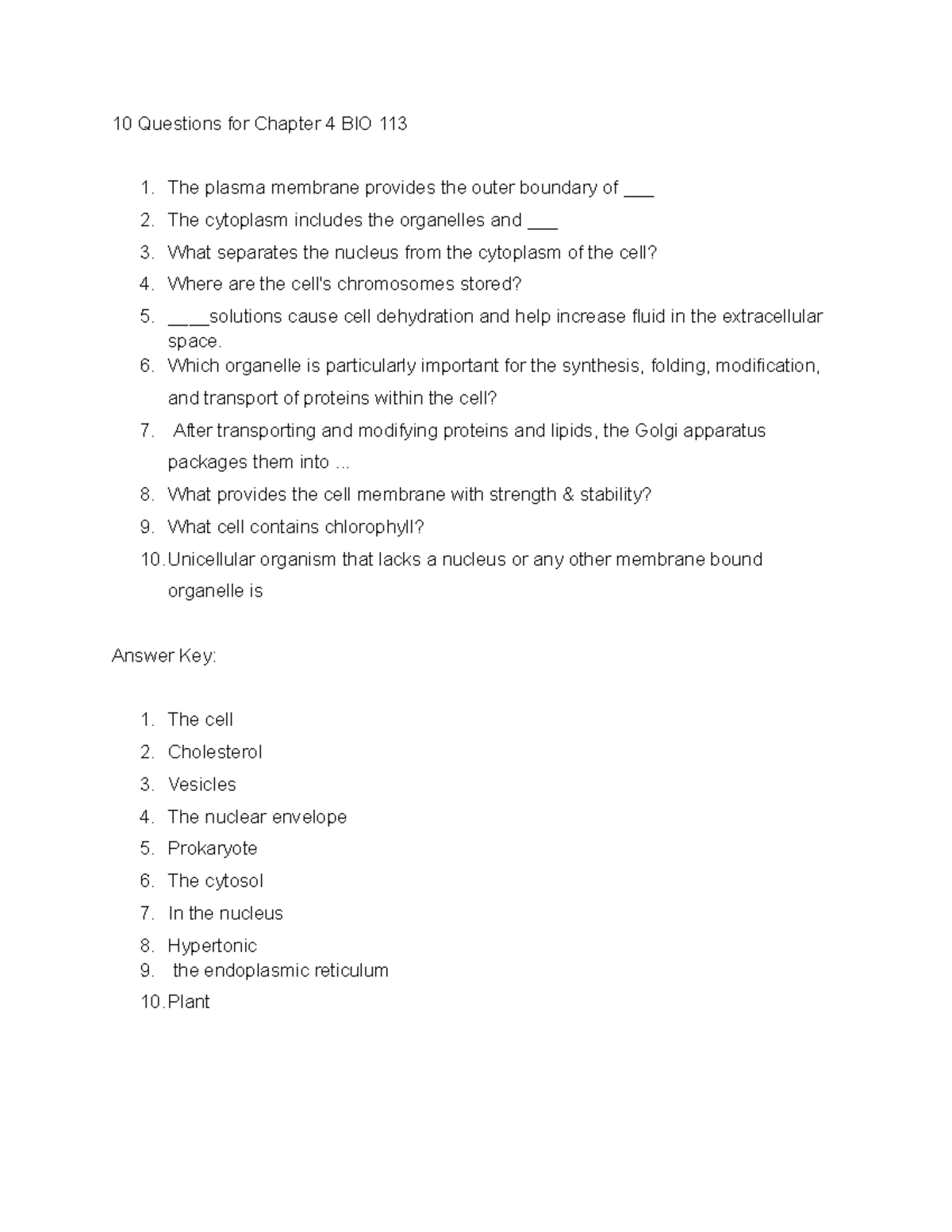 10 Questions for Chapter 4 BIO 113 - 10 Questions for Chapter 4 BIO 113 ...