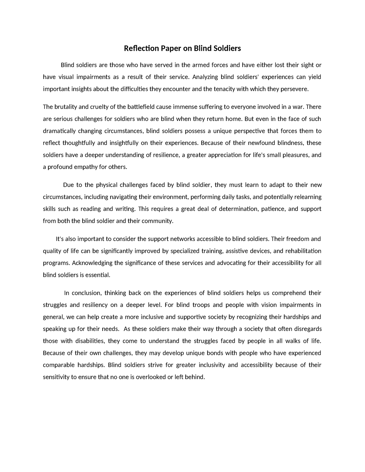 the blind soldiers reflection paper essay