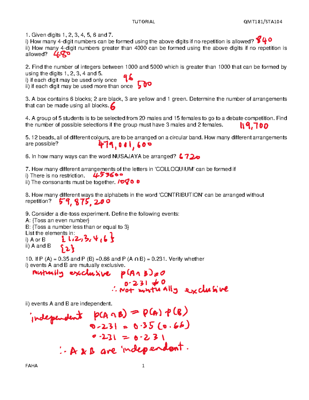 Tutorial Probability - Answer Latest - Given digits 1, 2, 3, 4, 5, 6 ...