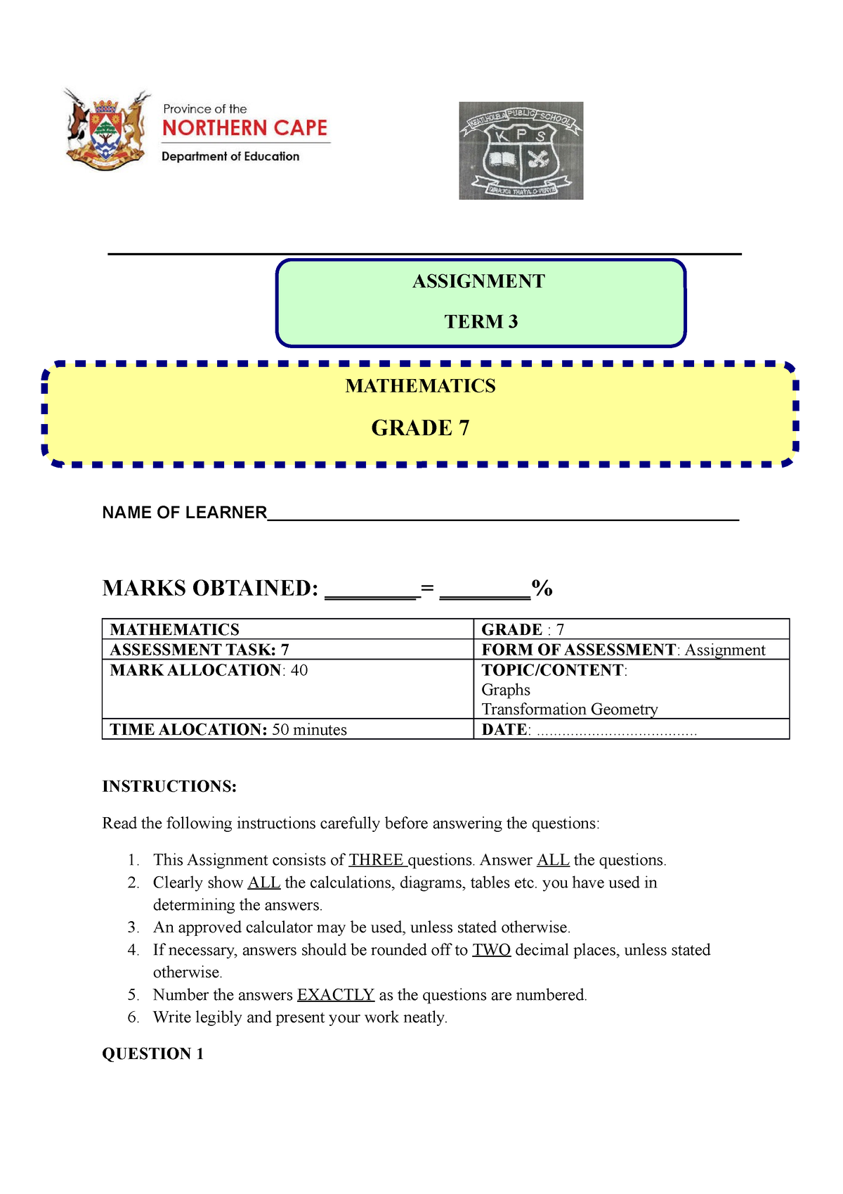 Maths Project Grade 7 Term 3 