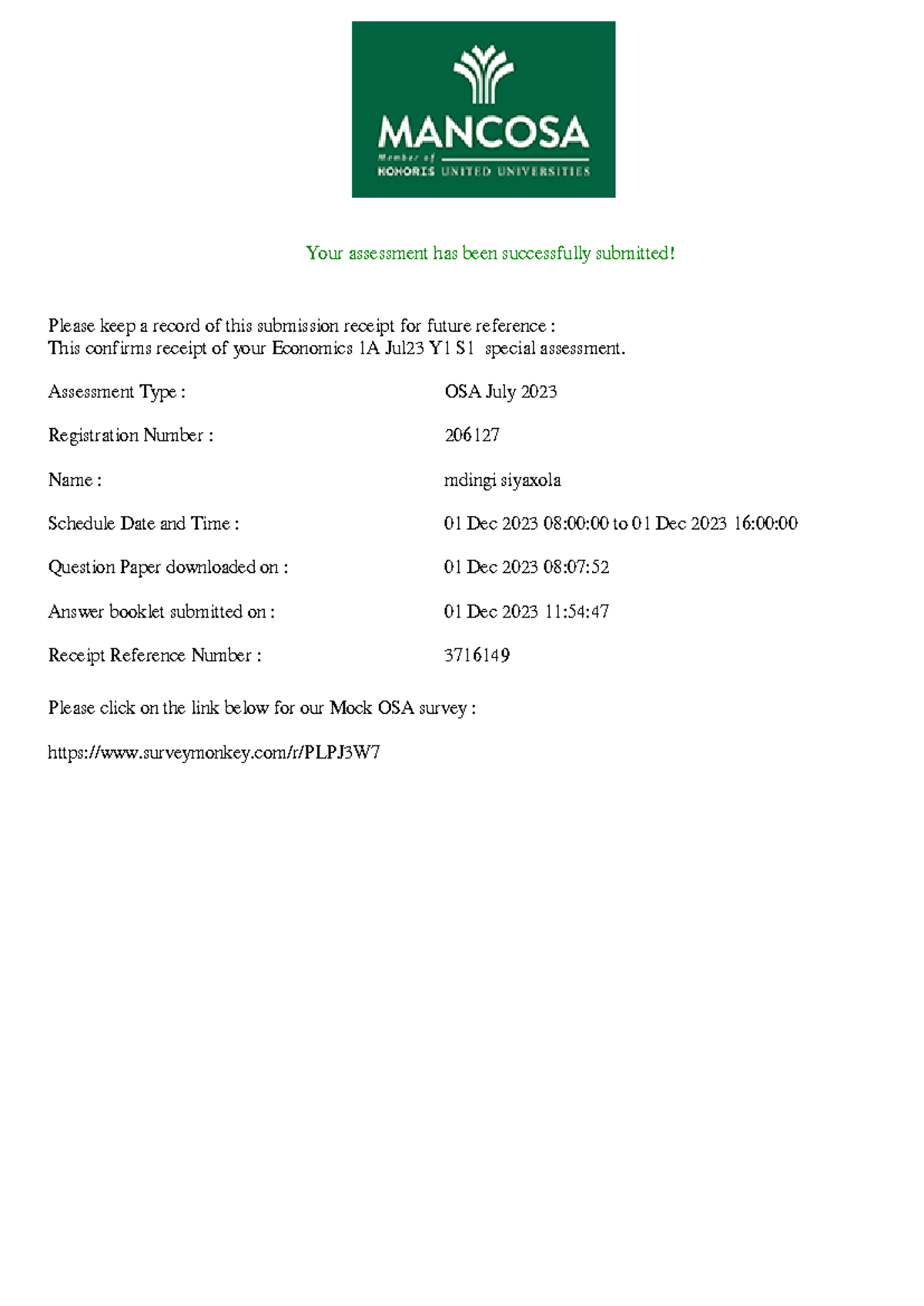 BUSINESS FUNCTIONS - Your assessment has been successfully submitted ...